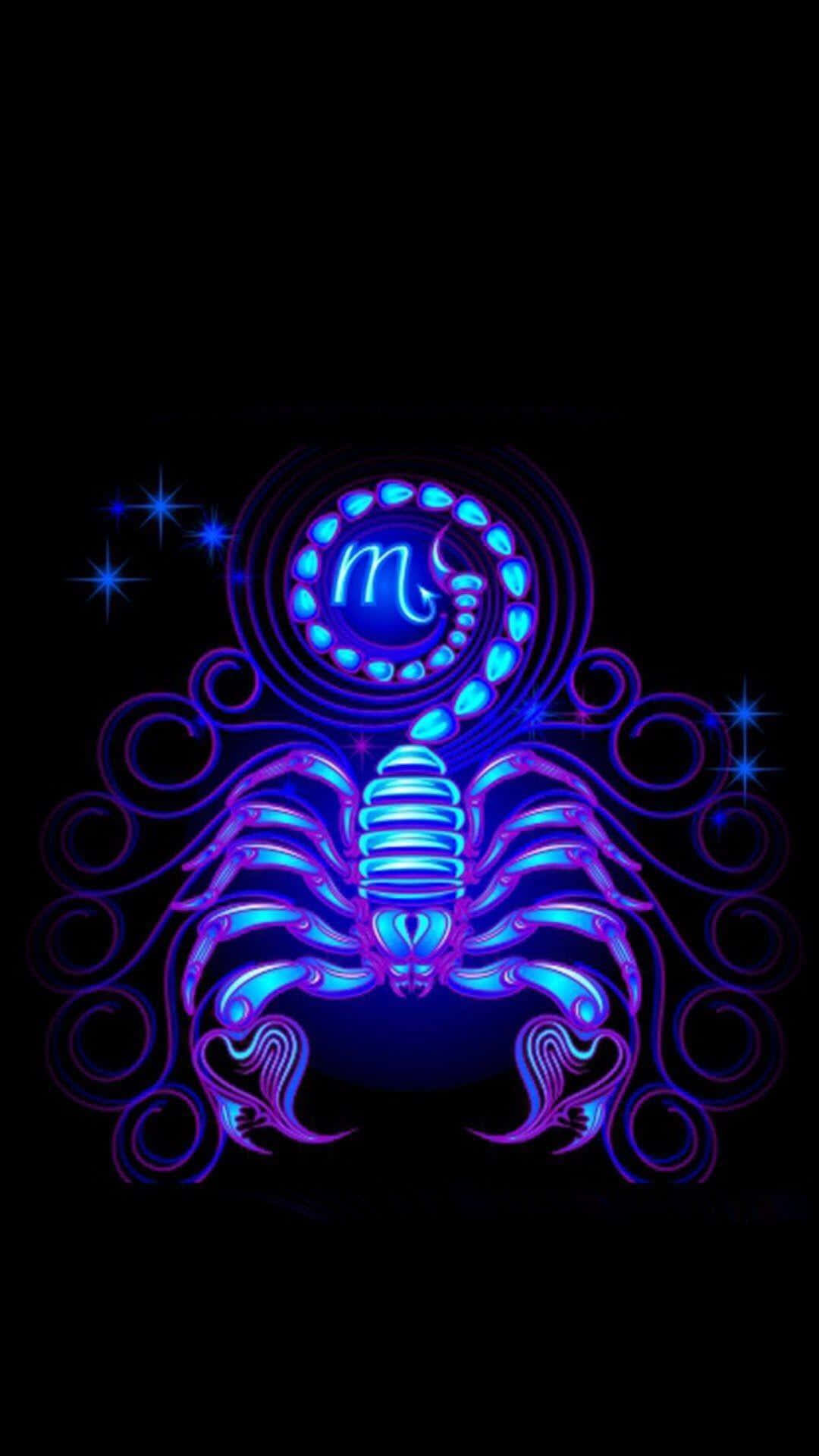 Scorpio 桌布 壁紙 — 一個發光的霓虹藍色和紫色天蠍座星座符號，帶有旋轉圖案和星星，背景為黑色。