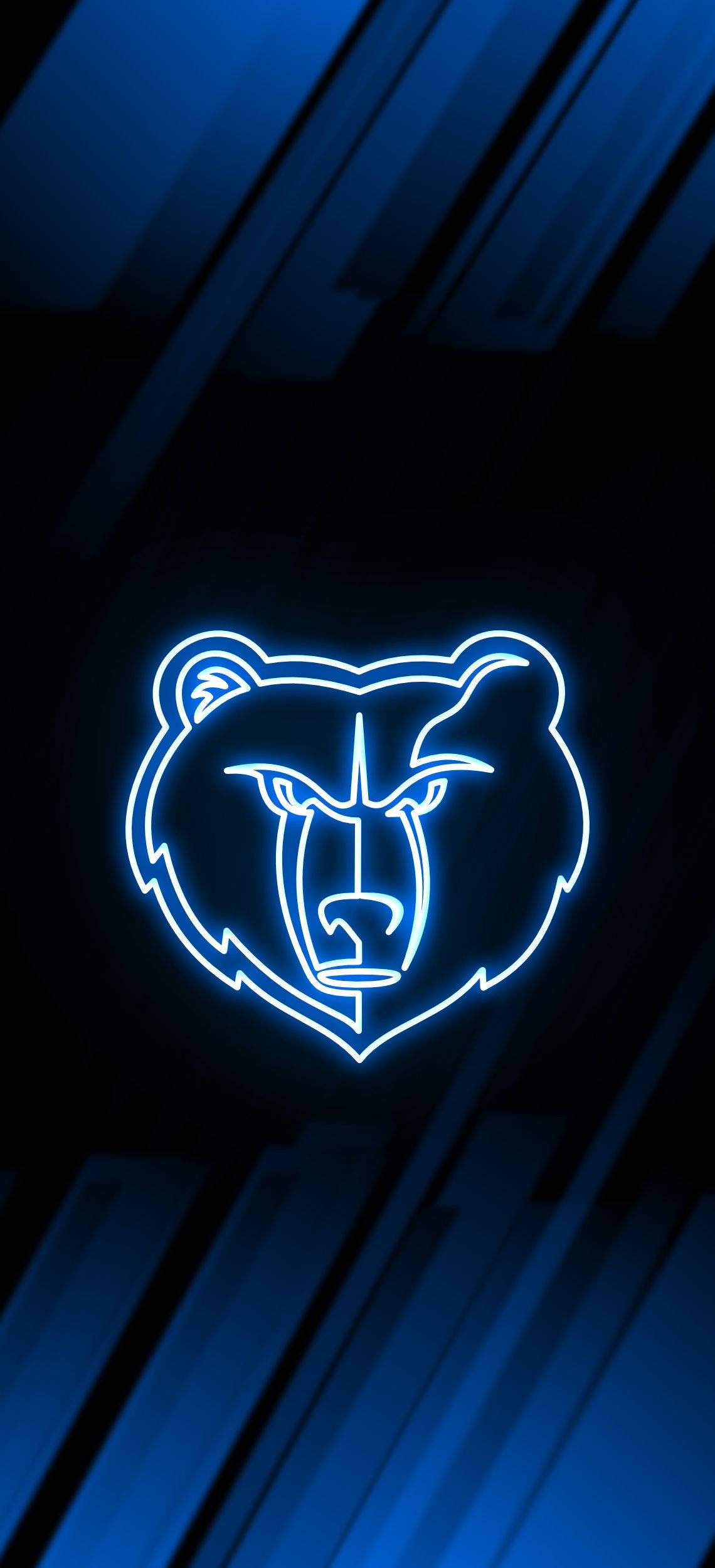 Grizzlies 桌布 壁紙 — 一個發光的霓虹藍色熊頭標誌在帶有對角線條紋的深藍色抽象背景上脫穎而出。