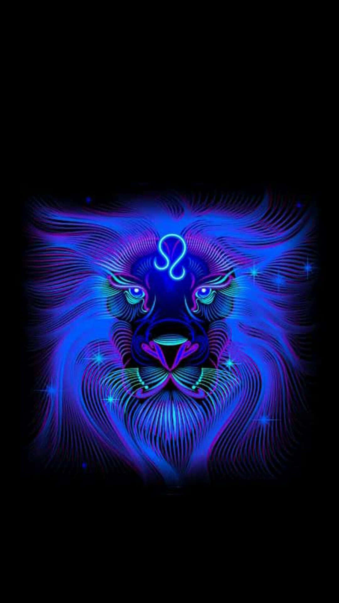 Leo 桌布 壁紙 — 一個發光的霓虹藍色獅子頭，眼睛上方帶有星座符號，在黑色背景上閃耀。