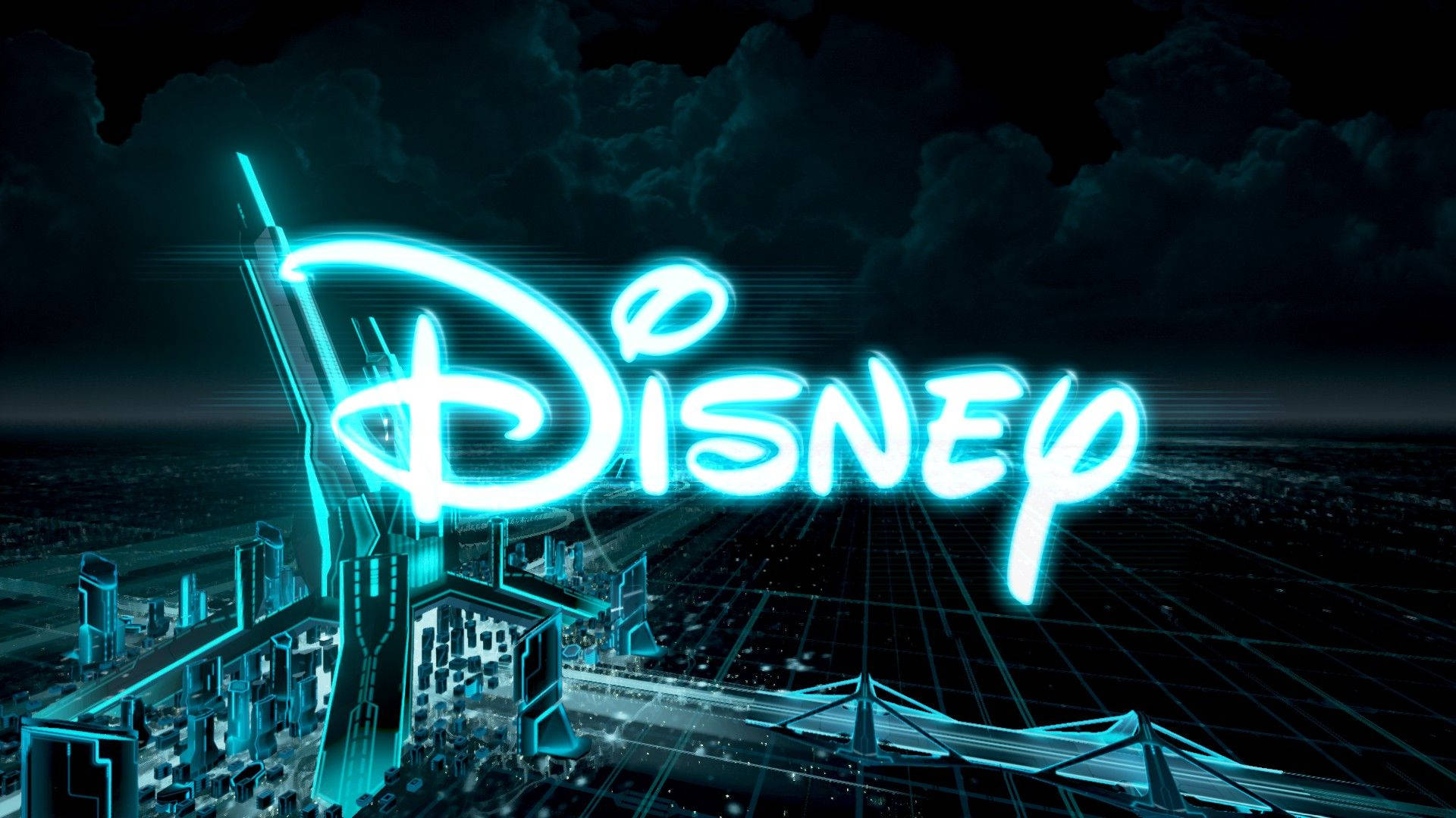 Disney Logo 桌布 壁紙 — 一個發光的霓虹藍色迪士尼標誌懸浮在未來主義城市景觀之上，背景是陰暗多雲的天空。