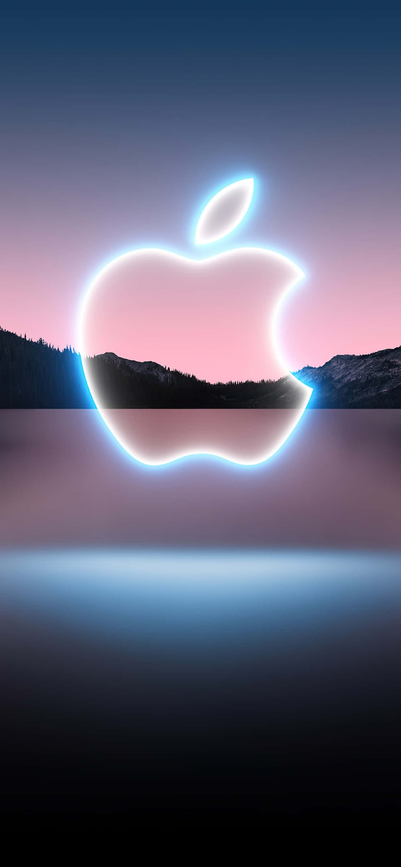 iPhone X Apple Logo 桌布 壁紙 — 一個發光的霓虹蘋果標誌懸浮在黃昏時分有山脈的平靜湖面上。