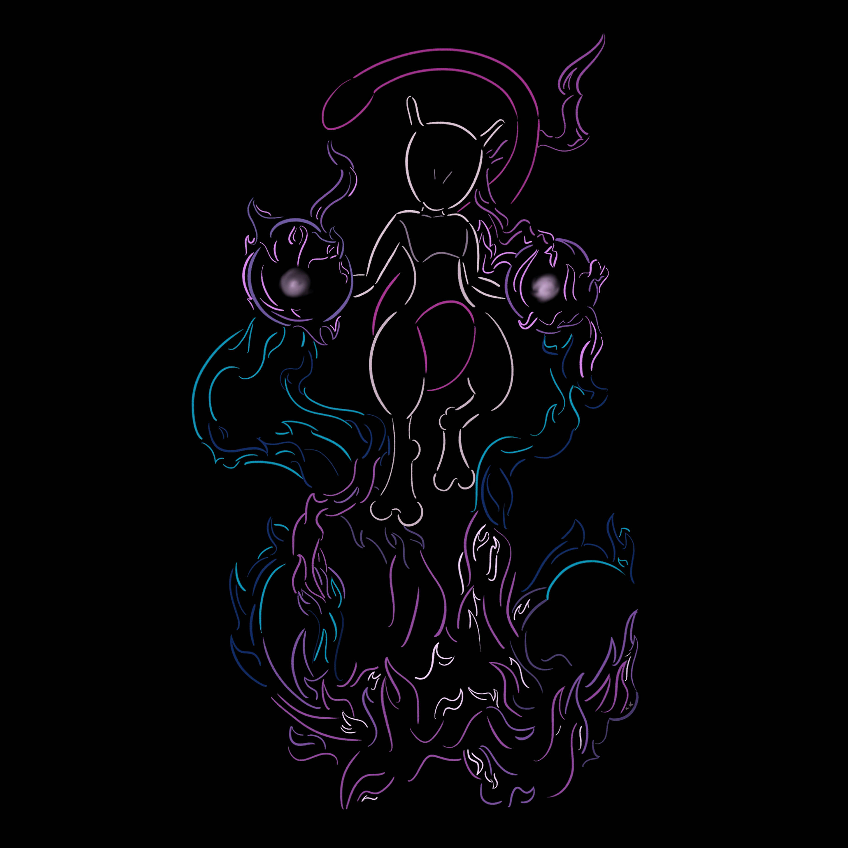 超夢 桌布 壁紙 — 一個發光的霓虹輪廓，描繪出一個風格化的貓科生物，帶有旋轉的紫色和藍色能量，背景為黑色。