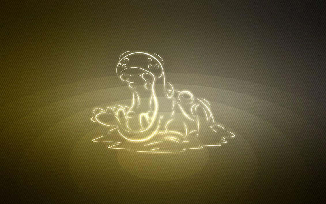 Glow In The Dark 桌布 壁紙 — 一個發光的霓虹輪廓，是一隻可愛的卡通恐龍在水中放鬆，背景是有紋理的金色漸變。