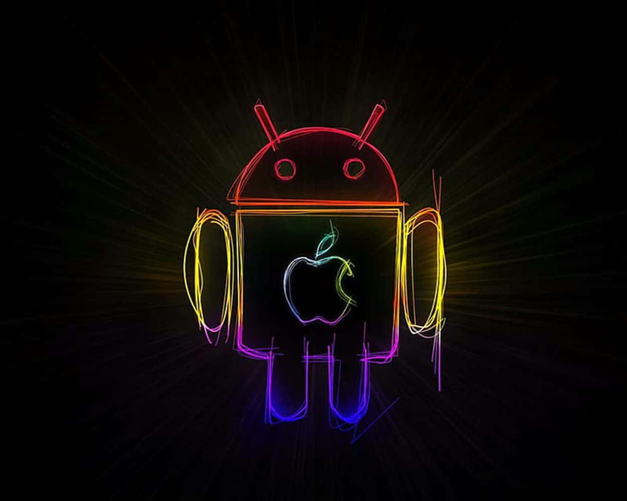 Apple Android 桌布 壁紙 — 一個發光的霓虹輪廓Android機器人，胸口有Apple標誌，背景是黑暗放射狀。