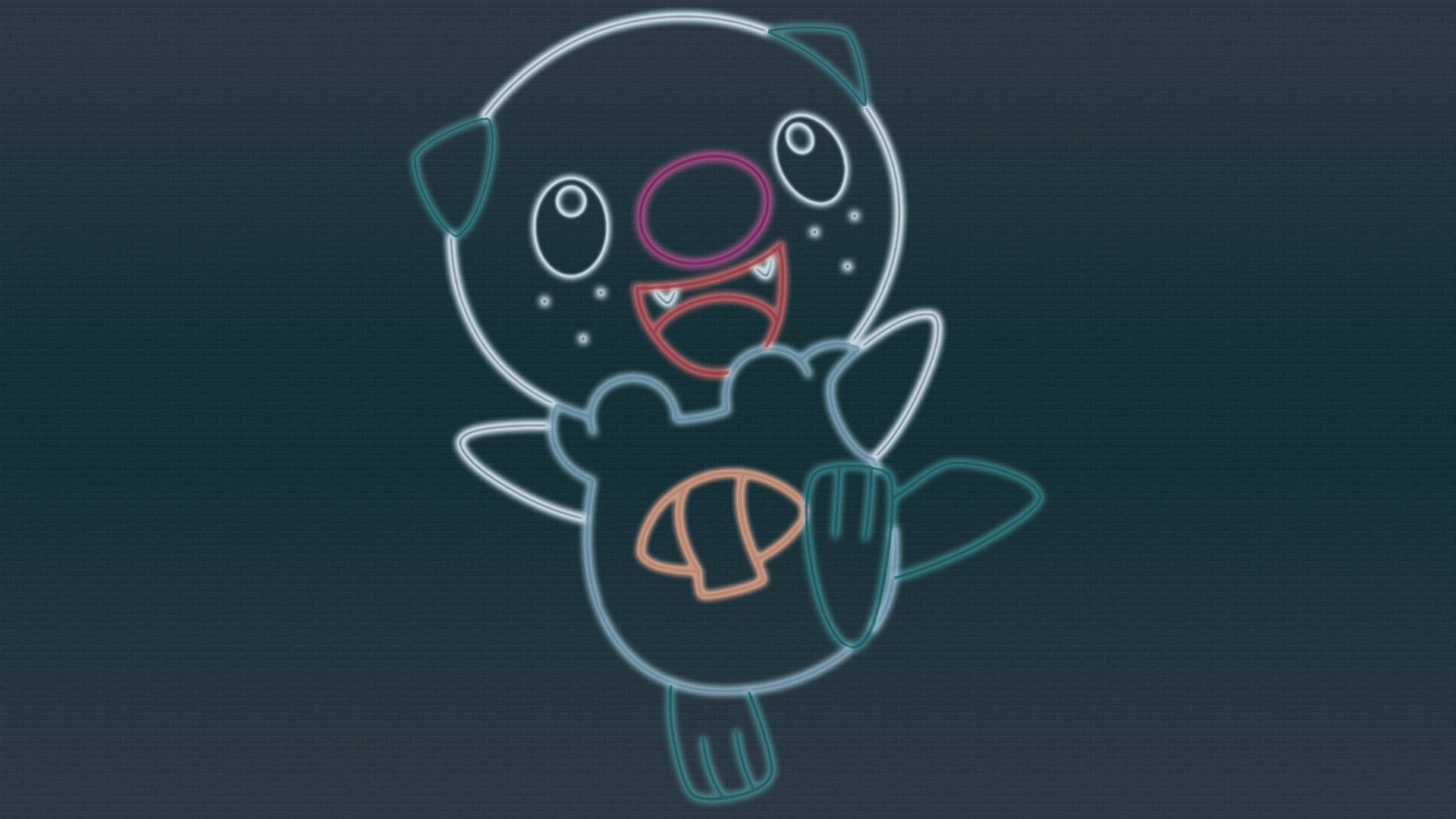 Oshawott 桌布 壁紙 — 一個發光的霓虹輪廓卡通企鵝在黑暗紋理背景上拿著一條魚。
