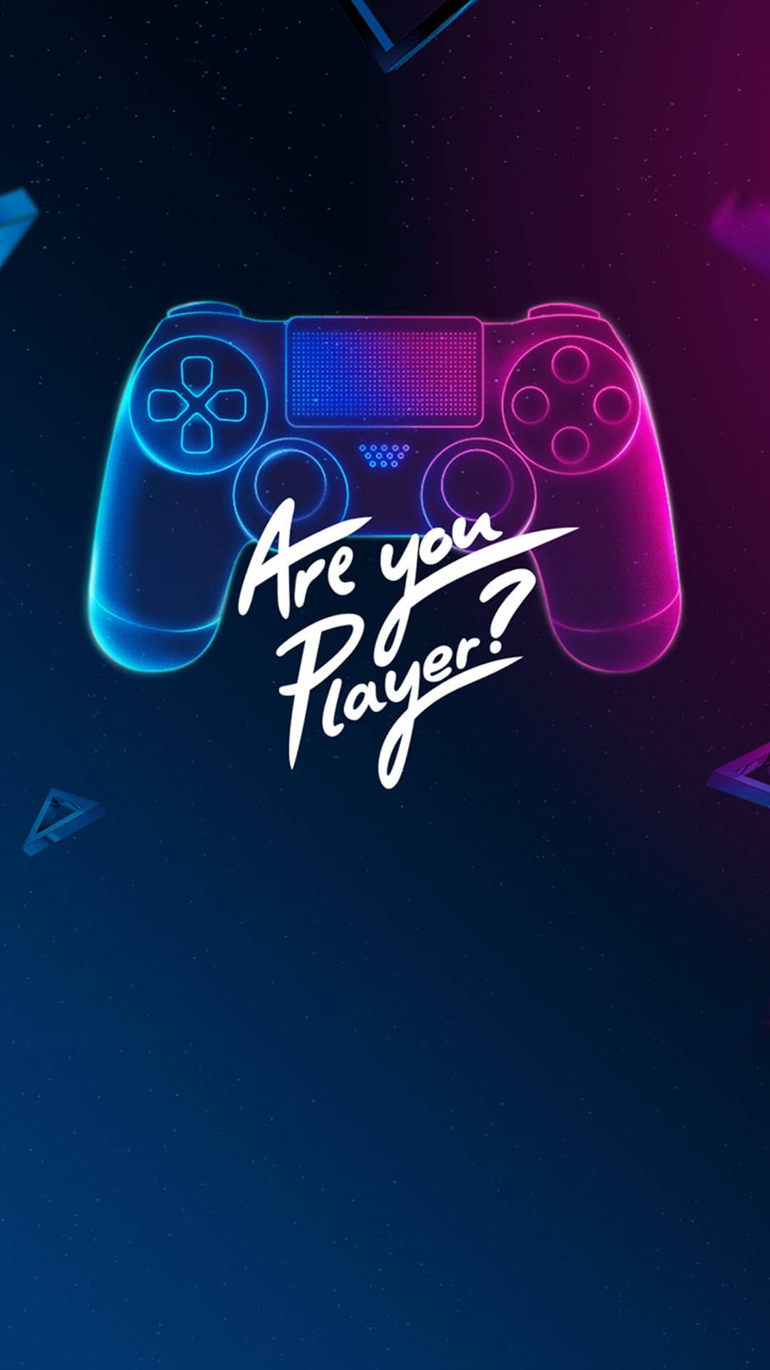 PlayStation 桌布 壁紙 — 一個發光的霓虹遊戲控制器，帶有藍色和粉紅色漸變，漂浮在星空宇宙背景上，帶有浮動的幾何形狀。