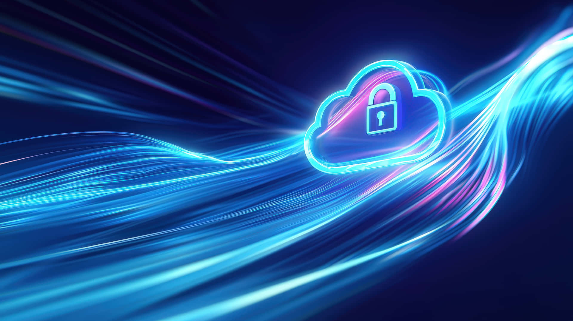 Cybersecurity Cloud Data Protection with Glowing Network 壁紙 — 一個發光的霓虹雲圖示，帶有掛鎖，在動態的藍色和紫色光線中漂浮在深色背景上。