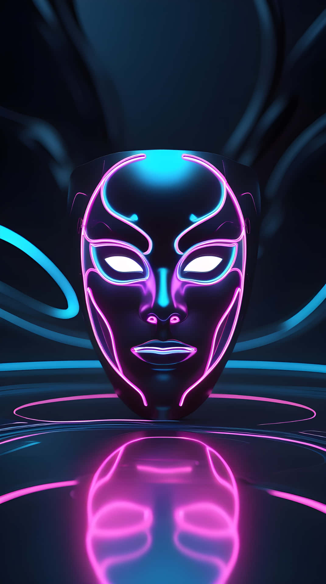 black neon mask wallpaper 壁紙 — 一個發光的霓虹面具，帶有藍色和粉紅色的輪廓，漂浮在黑暗未來場景中的反射表面上。