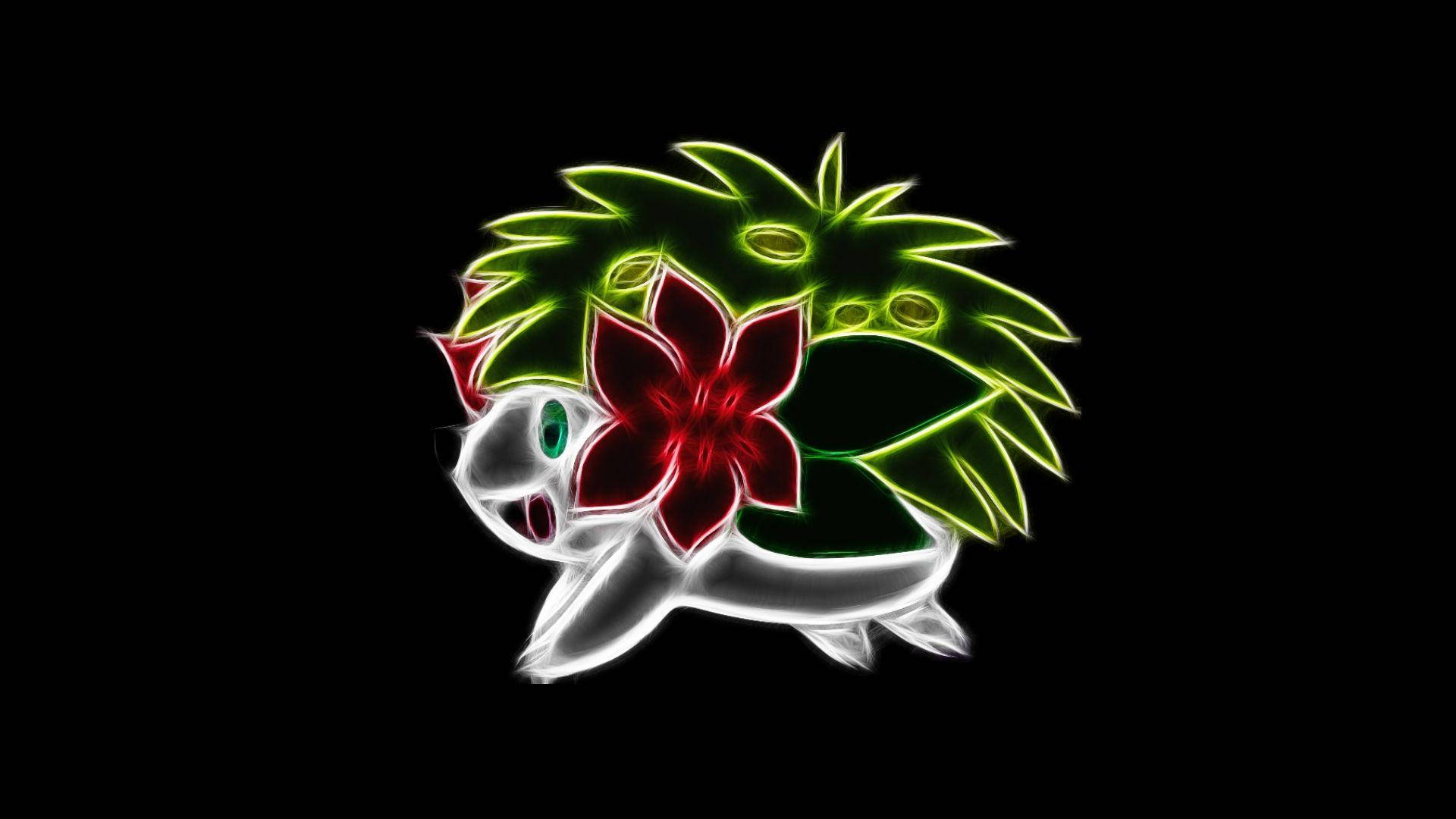 Shaymin 桌布 壁紙 — 一個發光的霓虹風格寶可夢，有綠色尖刺頭髮和背上的紅色花朵，背景為黑色。