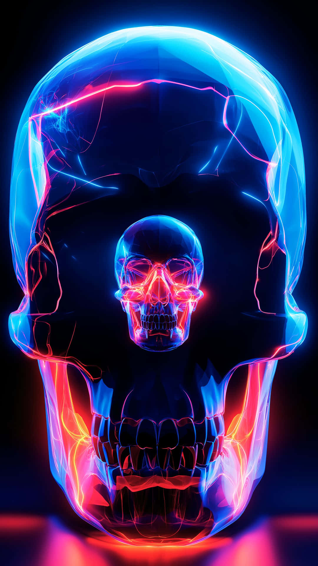 Radiant neon blue and red double skull with abstract energy lines on a dark background 壁紙 — 一個發光的霓虹骷髏，帶有電光藍和熱粉紅能量線，在黑色虛空中半透明圓頂內脈動。