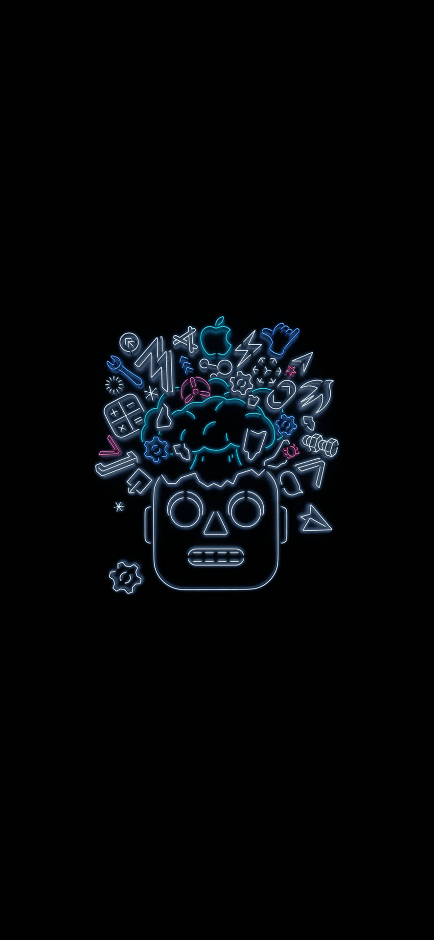 霓虹骷髏頭，科技圖標從頭部爆炸，黑色背景。