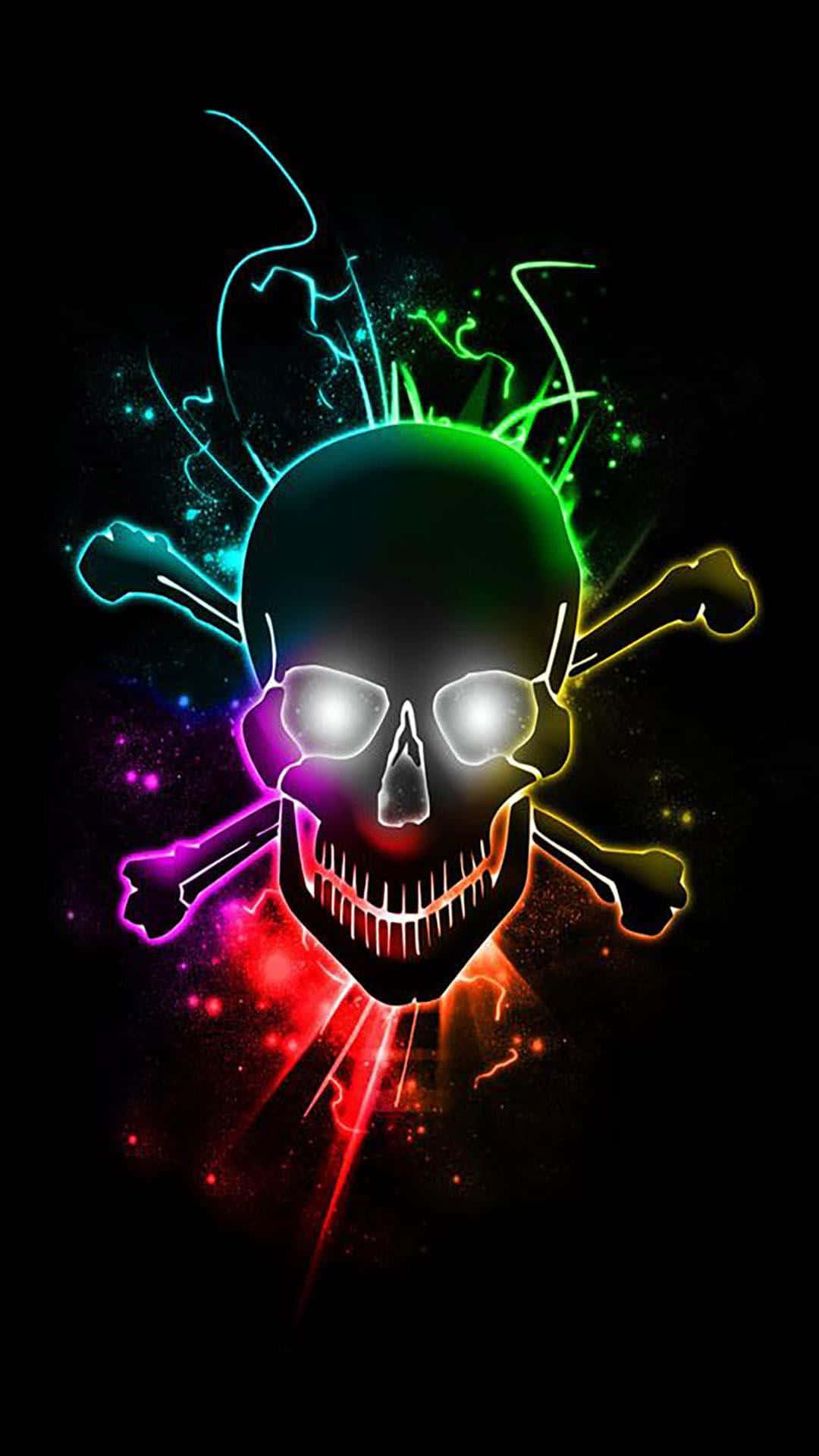 Black Skeleton 桌布 壁紙 — 一個發光的霓虹骷髏頭骨與交叉骨在黑暗的宇宙背景下散發出電光色彩。