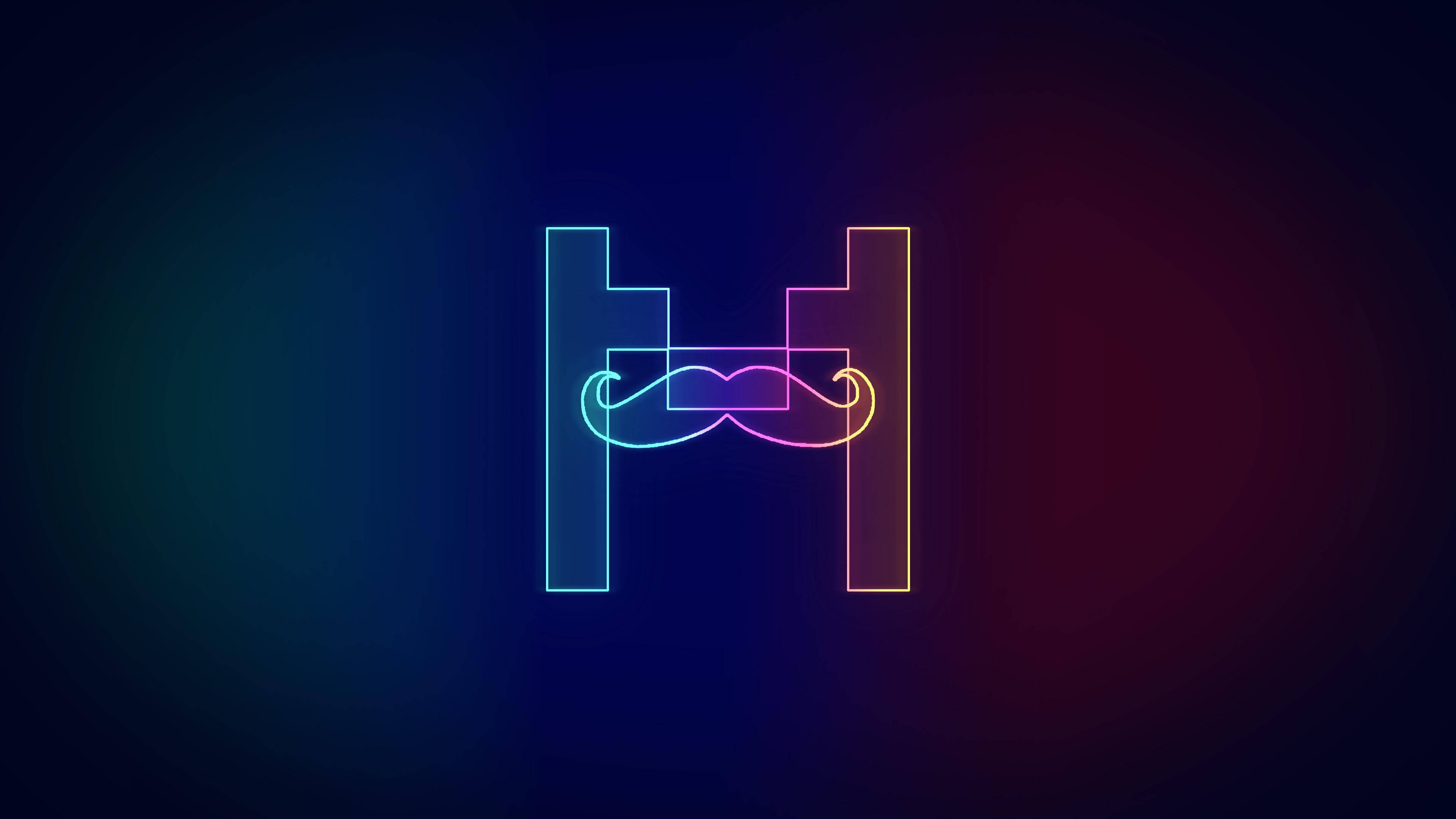 Markiplier 桌布 壁紙 — 一個發光的霓虹鬍子圖標，漸變色調，居中在深藍到紅色的漸變背景上。