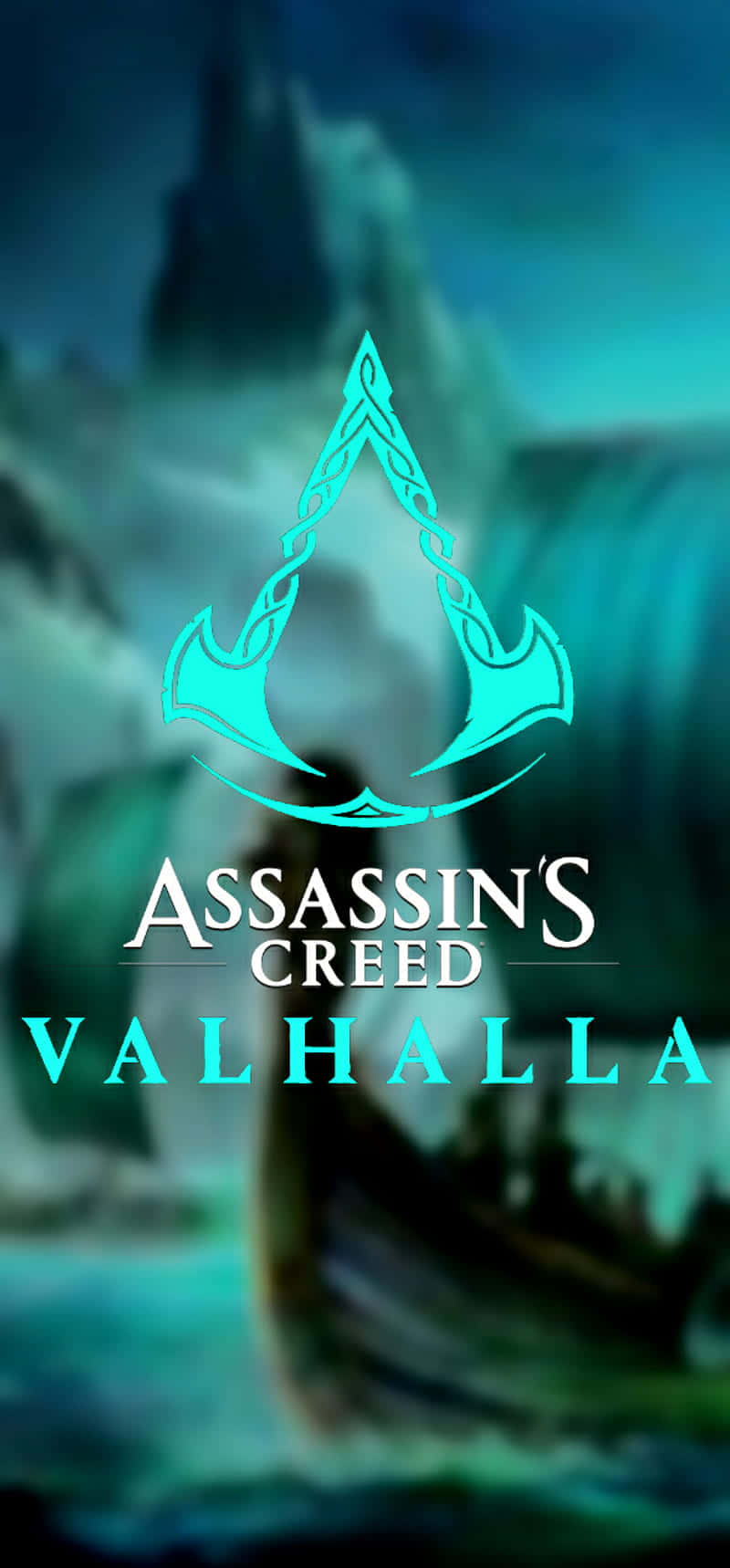 Assassin's Creed Valhalla 桌布 壁紙 — 一個發光的青綠色 Assassin's Creed Valhalla 標誌漂浮在霧氣瀰漫的維京長船之上，下方是洶湧的水域。