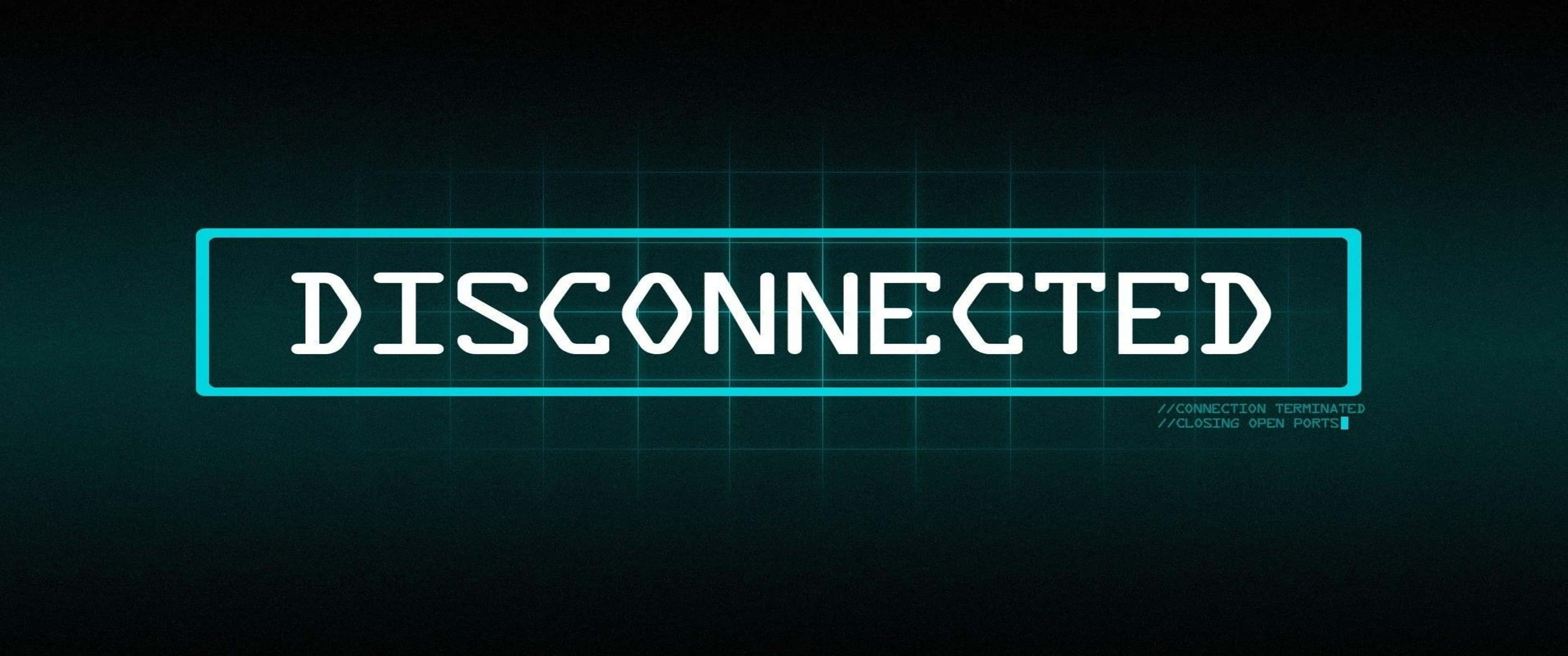 3440x1440p Programming 桌布 壁紙 — 一個發光的青綠色「DISCONNECTED」標誌在黑暗的數位網格背景上脈動。