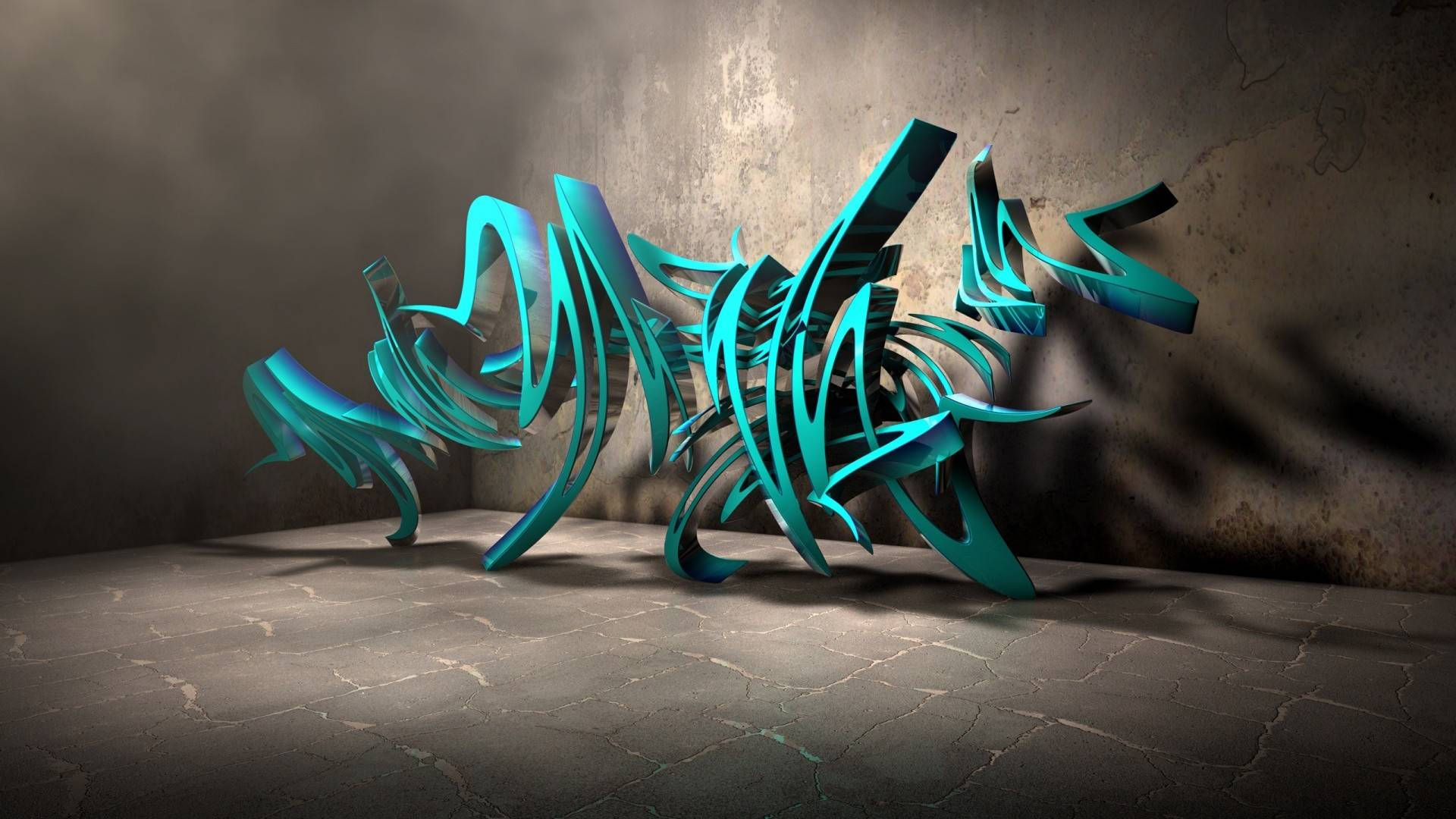 塗鴉 桌布 壁紙 — 一個發光的青綠色3D塗鴉雕塑在昏暗的工業空間中，在破裂的混凝土牆上投下戲劇性的陰影。