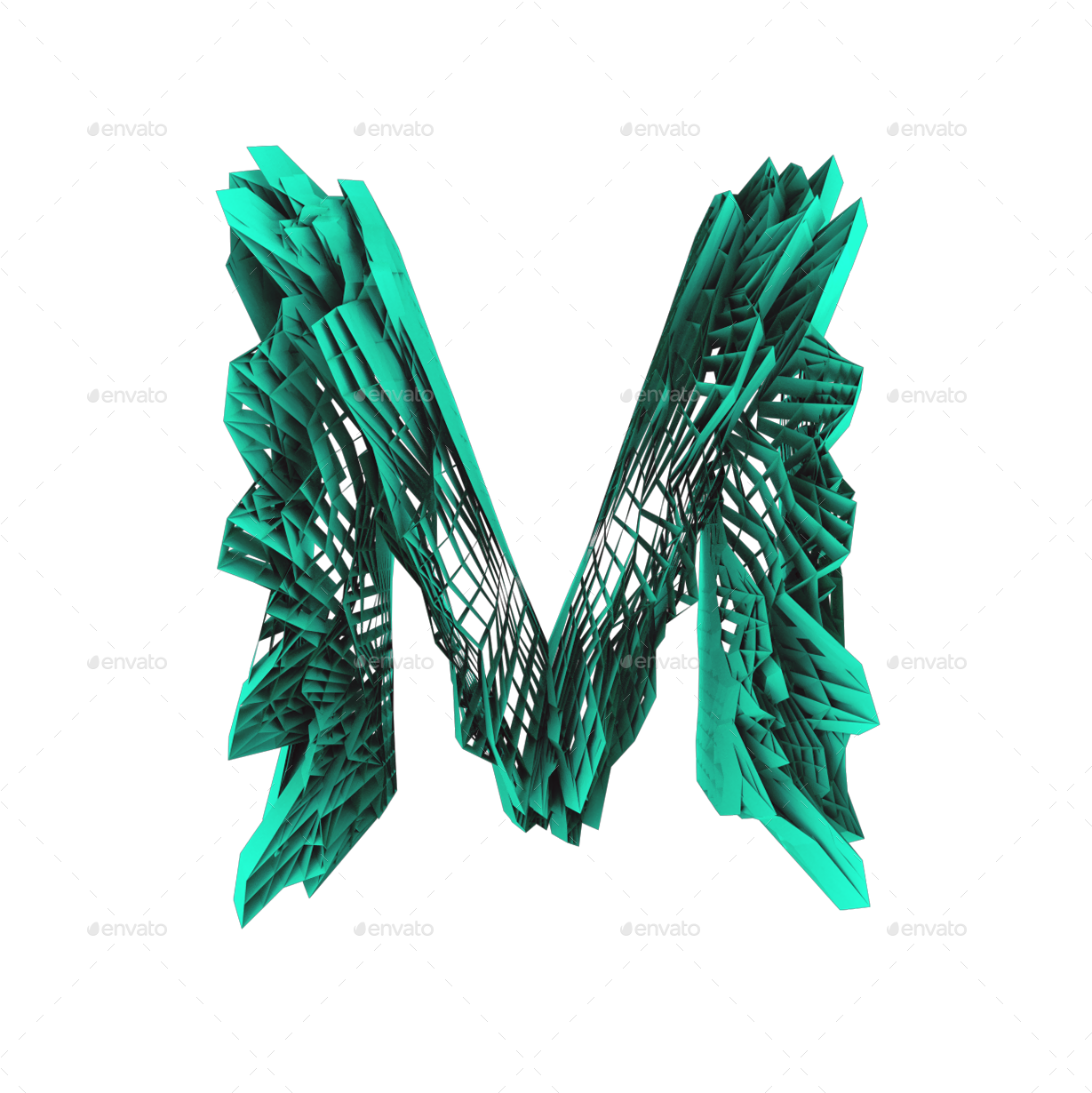 字母M 桌布 壁紙 — 一個發光的青綠色3D渲染字母M，帶有鋸齒狀水晶邊緣，背景為黑色。