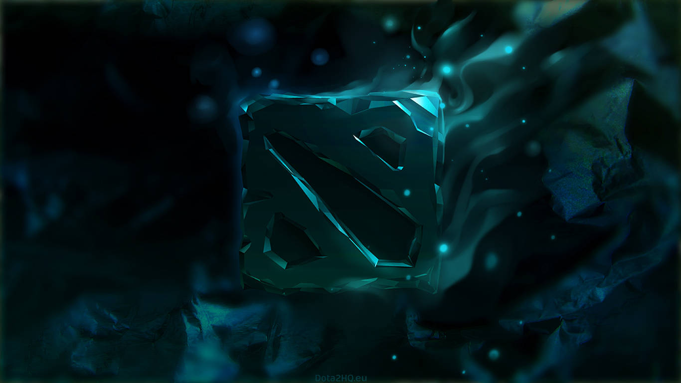 電玩遊戲 桌布 壁紙 — 一個發光的青綠色Dota 2標誌從旋轉的黑暗迷霧中浮現，帶有漂浮的粒子和尖銳的幾何邊緣。