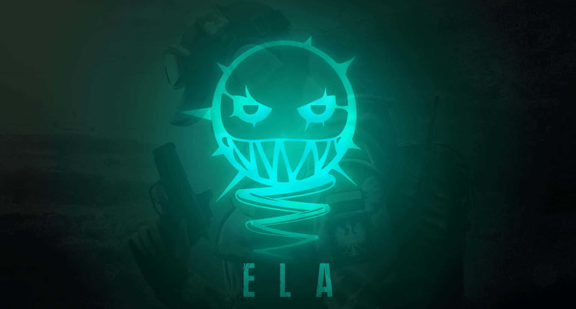 Ela R6 桌布 壁紙 — 一個發光的青綠色卡通骷髏頭，有著鋒利的牙齒和憤怒的眼睛，在渾濁的水下場景中盤旋在一個持槍的黑暗人物上方。