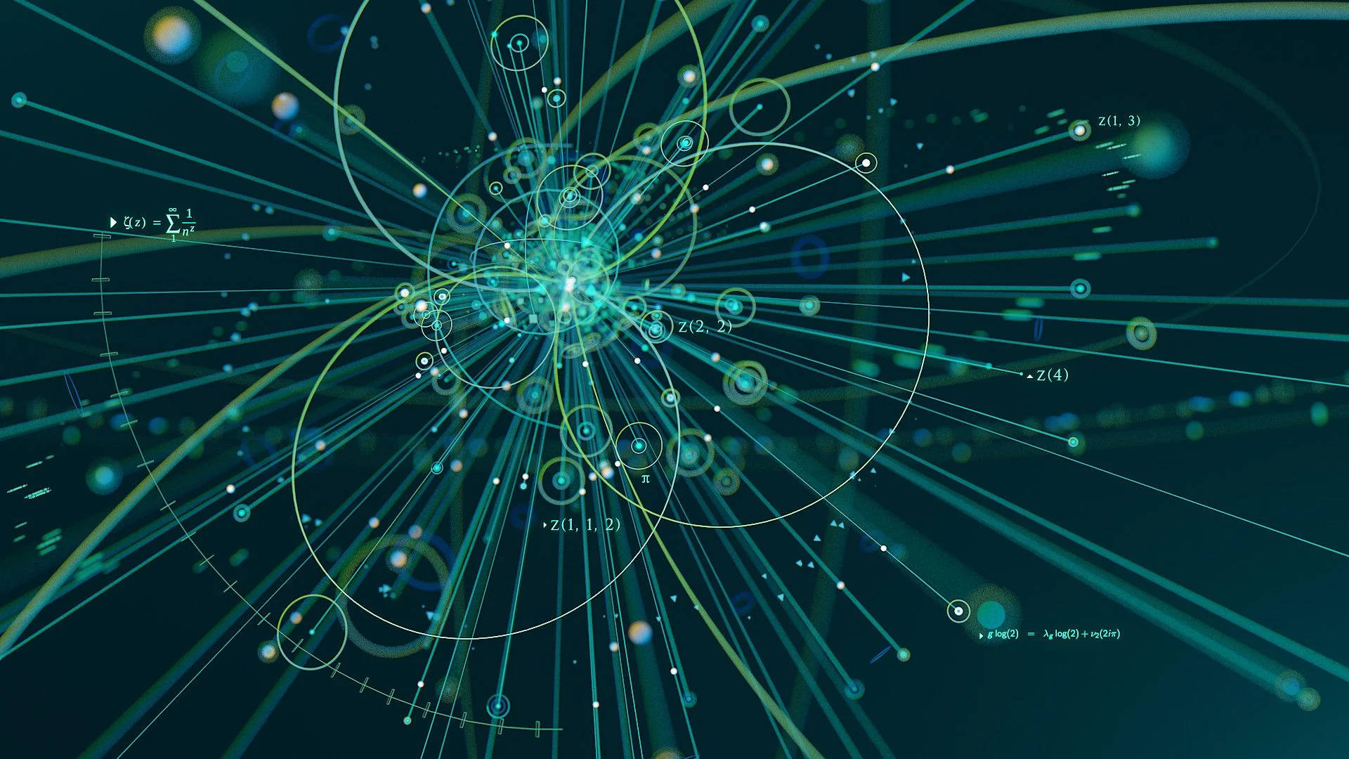 Physics 桌布 壁紙 — 一個發光的青綠色和綠色數位網路，帶有數學方程式和圓形節點，在深色背景上向外輻射。