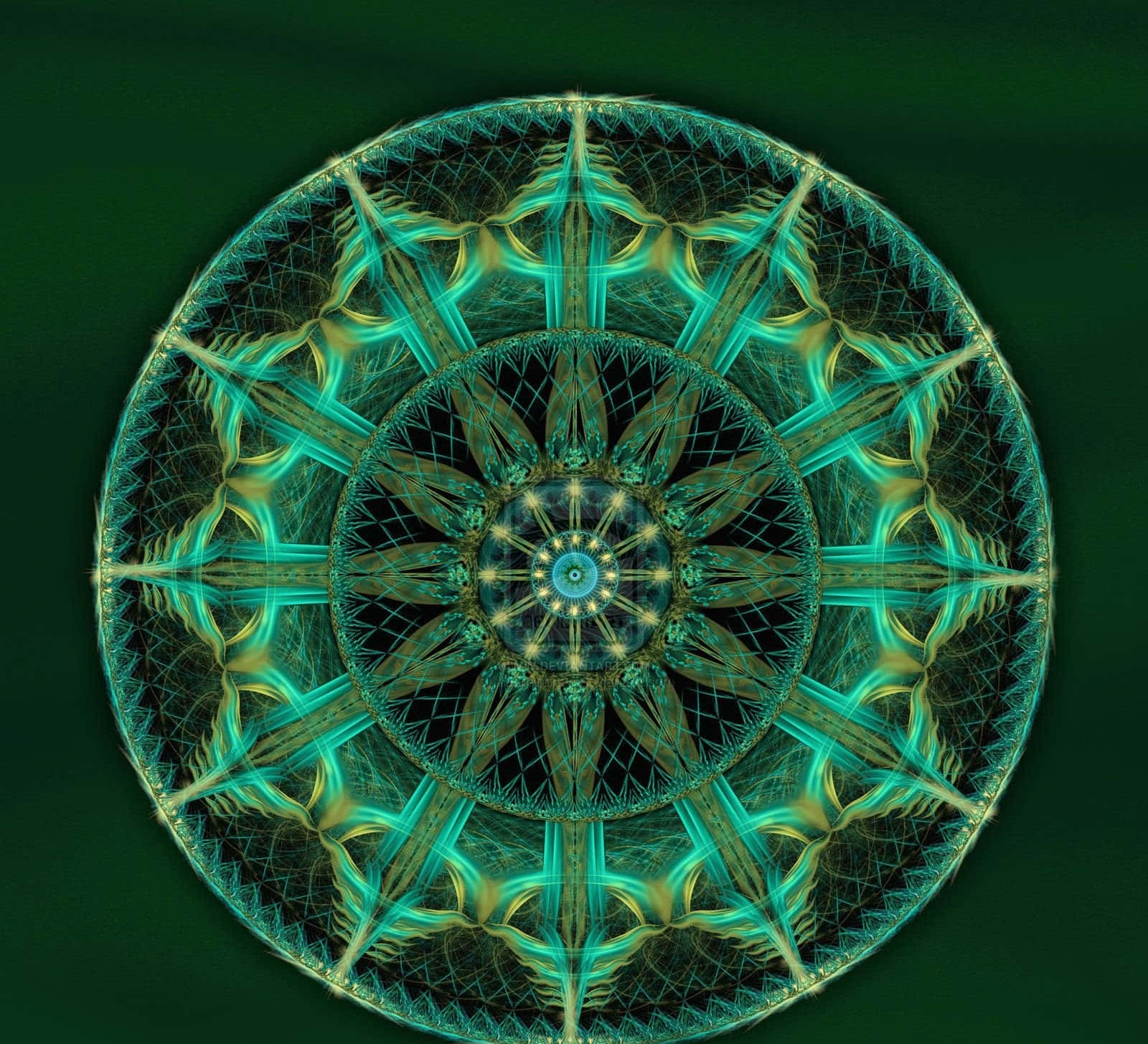 chakra 桌布 壁紙 — 一個發光的青綠色和金色碎形曼陀羅在深綠色背景上散發出複雜的幾何圖案。
