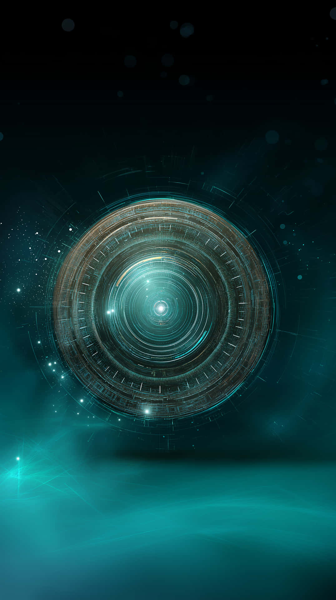 Cosmic Hub: Luminous Digital Portal with Galactic Essence 壁紙 — 一個發光的青綠色圓形傳送門，帶有同心環和星狀粒子，漂浮在黑暗的宇宙虛空中。