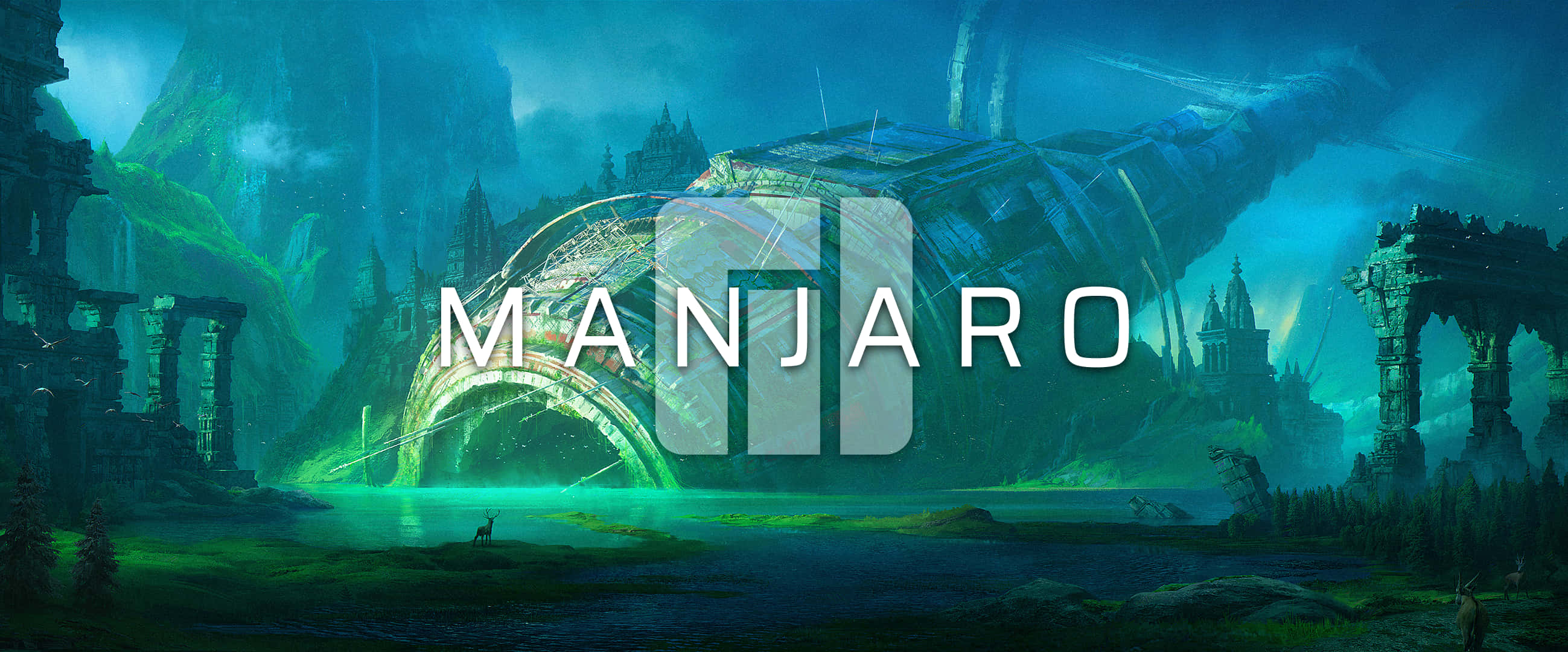 Manjaro 桌布 壁紙 — 一個發光的青綠色外星遺跡漂浮在霧氣瀰漫的森林湖面上，下方有一隻孤獨的鹿在觀望。