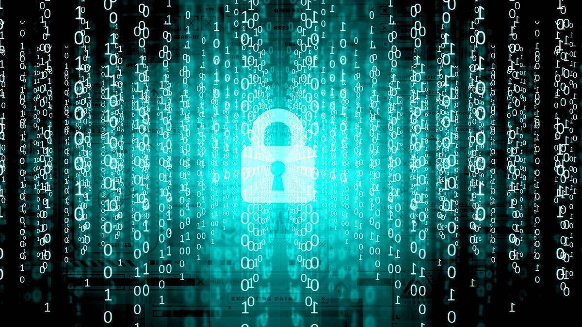 Cyber 桌布 壁紙 — 一個發光的青綠色掛鎖，位於黑色背景上墜落的二進制代碼數字雨中。