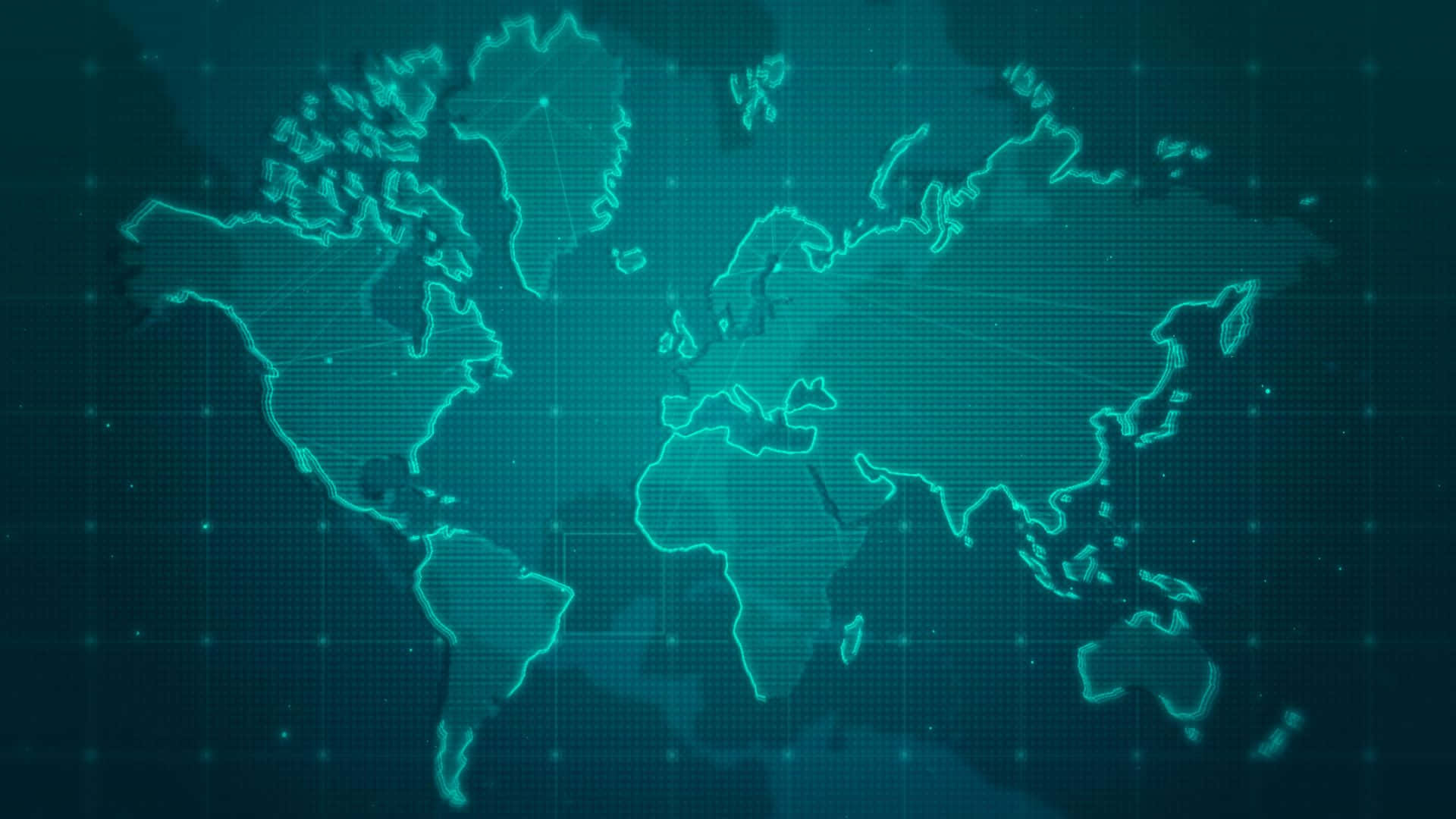 Map 桌布 壁紙 — 一個發光的青綠色數位世界地圖，以發光節點和網格線勾勒，背景為深藍色。