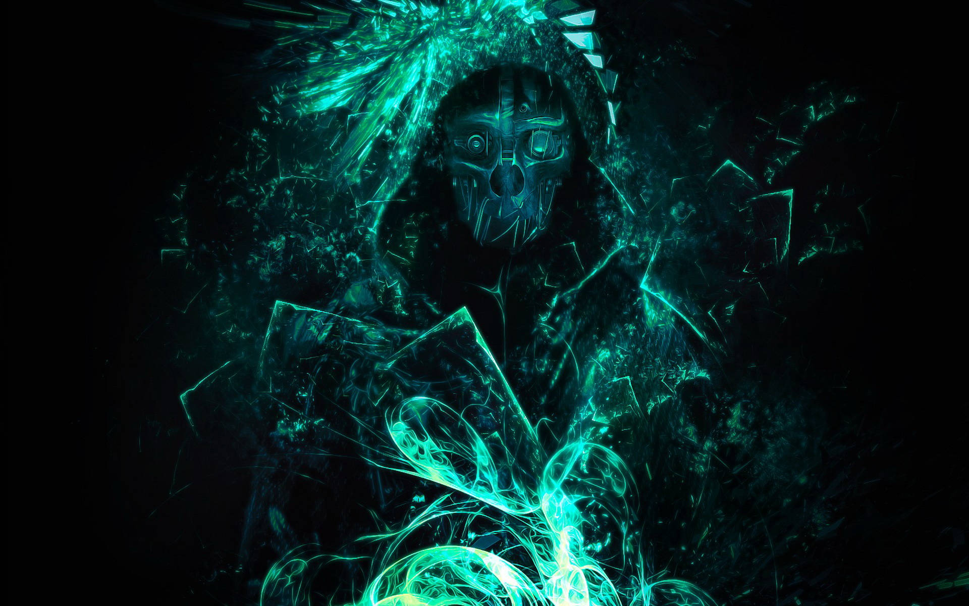 Dishonored 桌布 壁紙 — 一個發光的青綠色數位實體，戴著破碎的面具，從黑暗能量中出現，呈現賽博龐克風格。