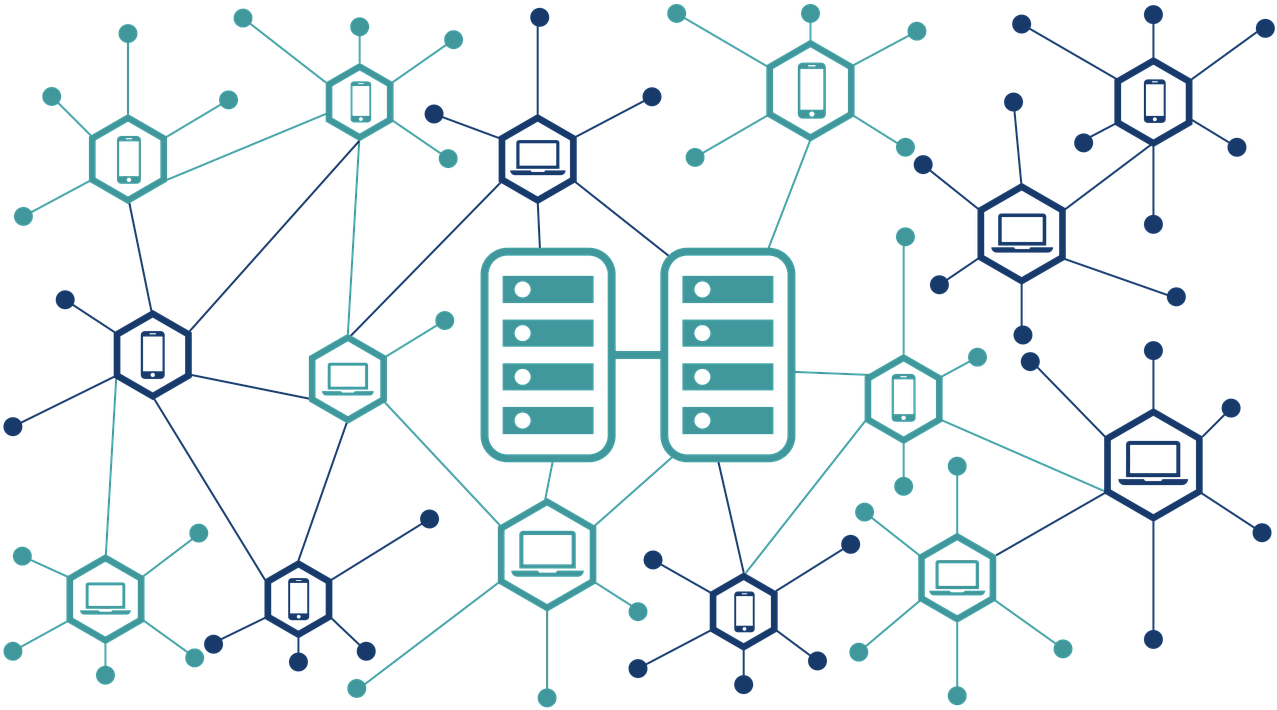 Blockchain 桌布 壁紙 — 一個發光的青綠色數位網路在黑色背景上連接伺服器、筆記型電腦和節點。