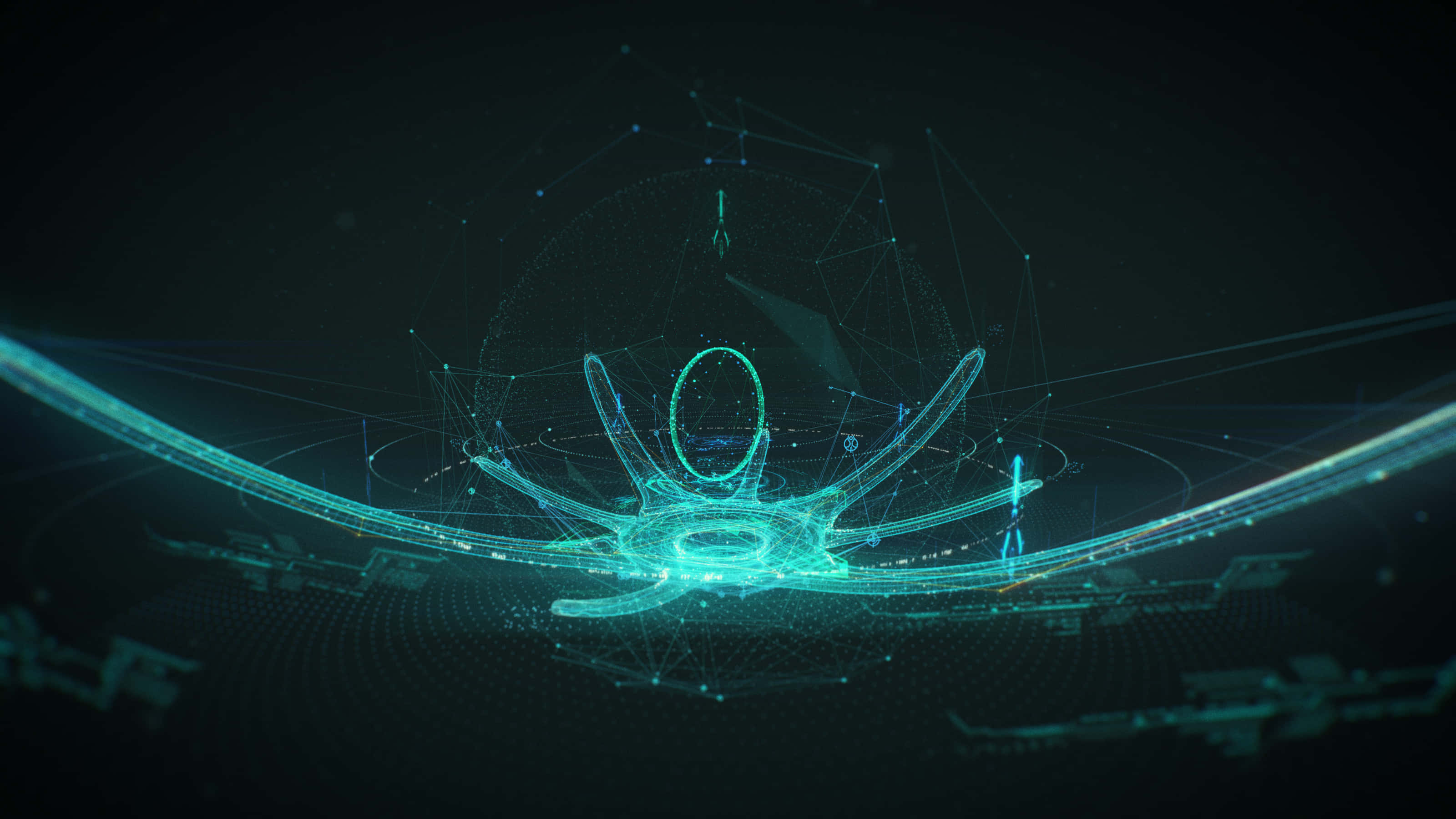 Halo Ark 桌布 壁紙 — 一個發光的青綠色數位網路結構在黑暗背景上脈動著光芒。
