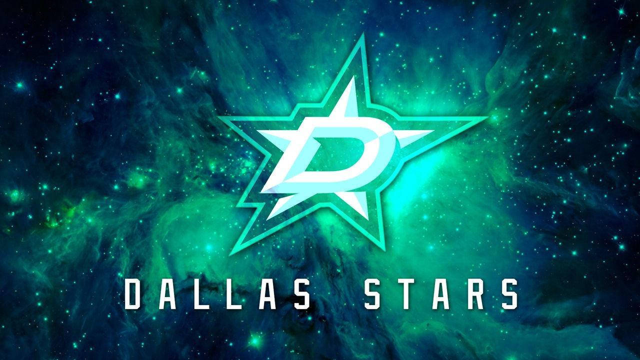 Dallas Stars 桌布 壁紙 — 一個發光的青綠色星星標誌，內有字母D，背景是宇宙星雲，點綴著星星和旋轉的綠藍色雲彩。