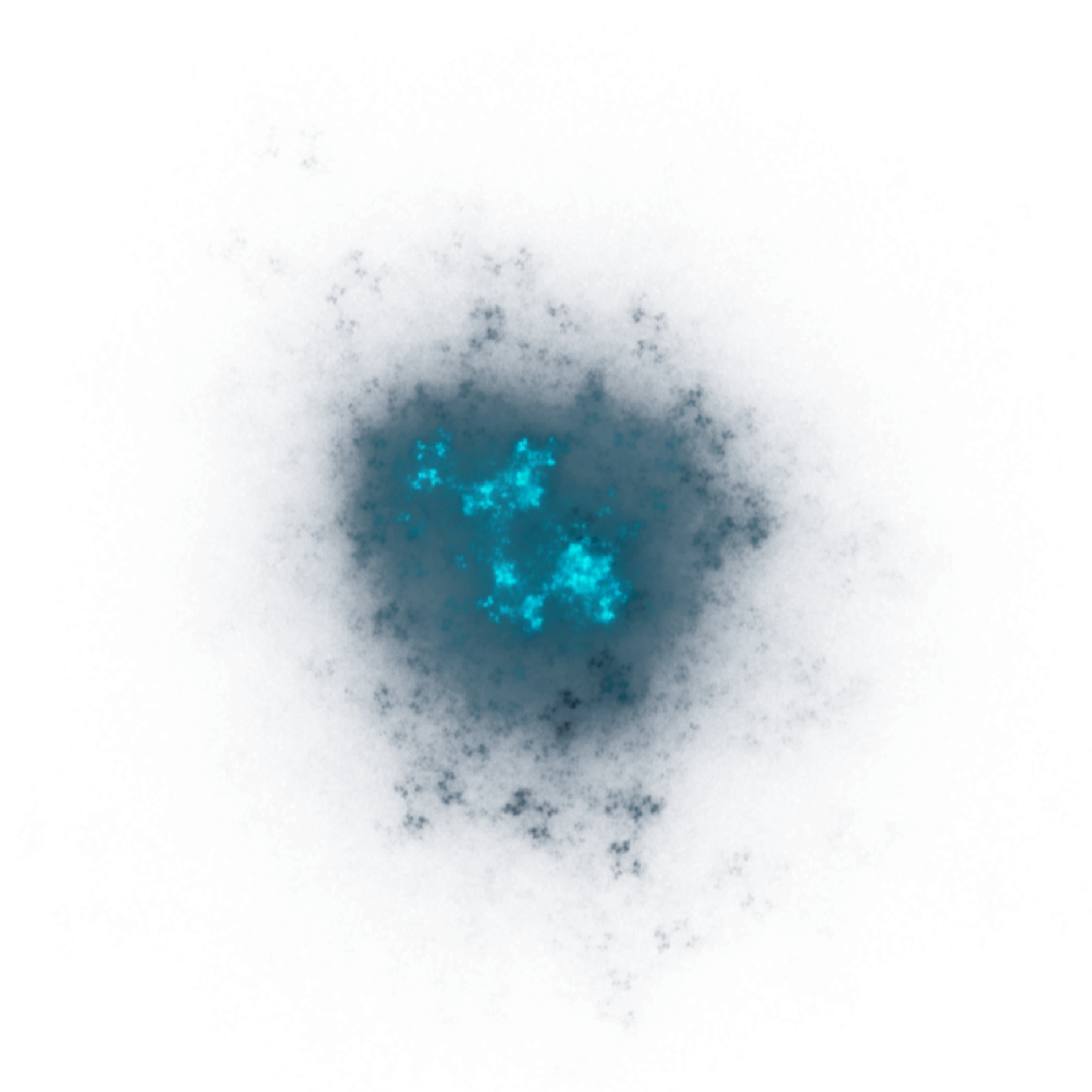 藍色煙霧 桌布 壁紙 — 一個發光的青綠色星雲，帶有像素化邊緣，在黑色虛空中脈動，呈現數位抽象場景。