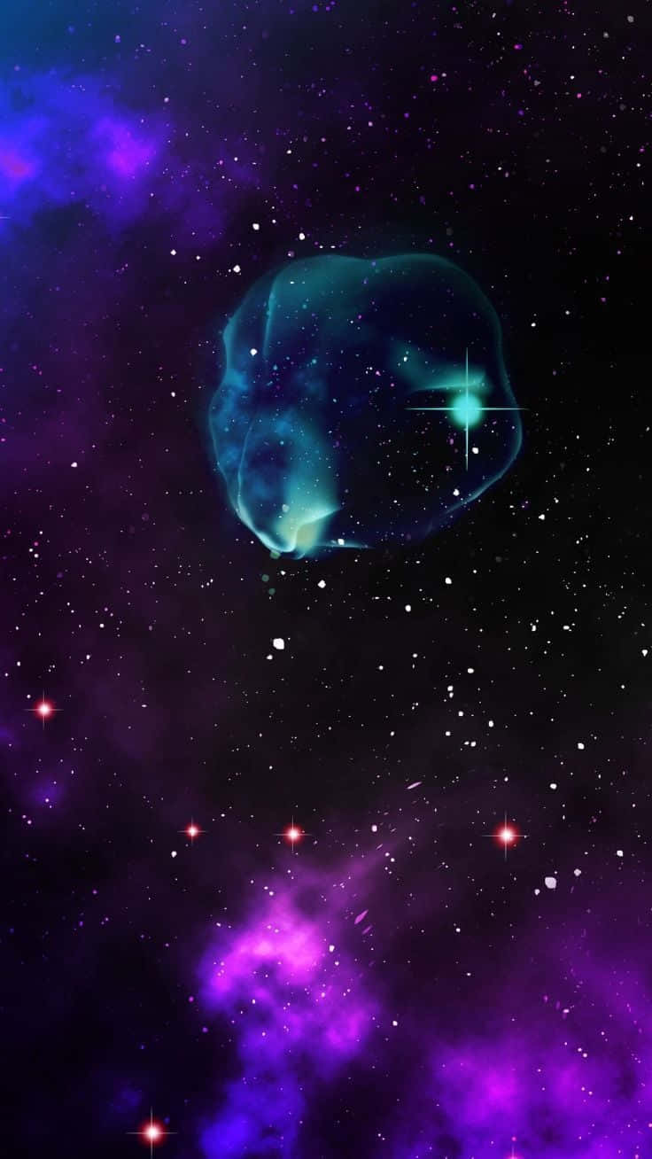 閃爍 桌布 壁紙 — 一個發光的青綠色星雲漂浮在由紫色和粉紅色宇宙雲及閃爍星星組成的星場中。