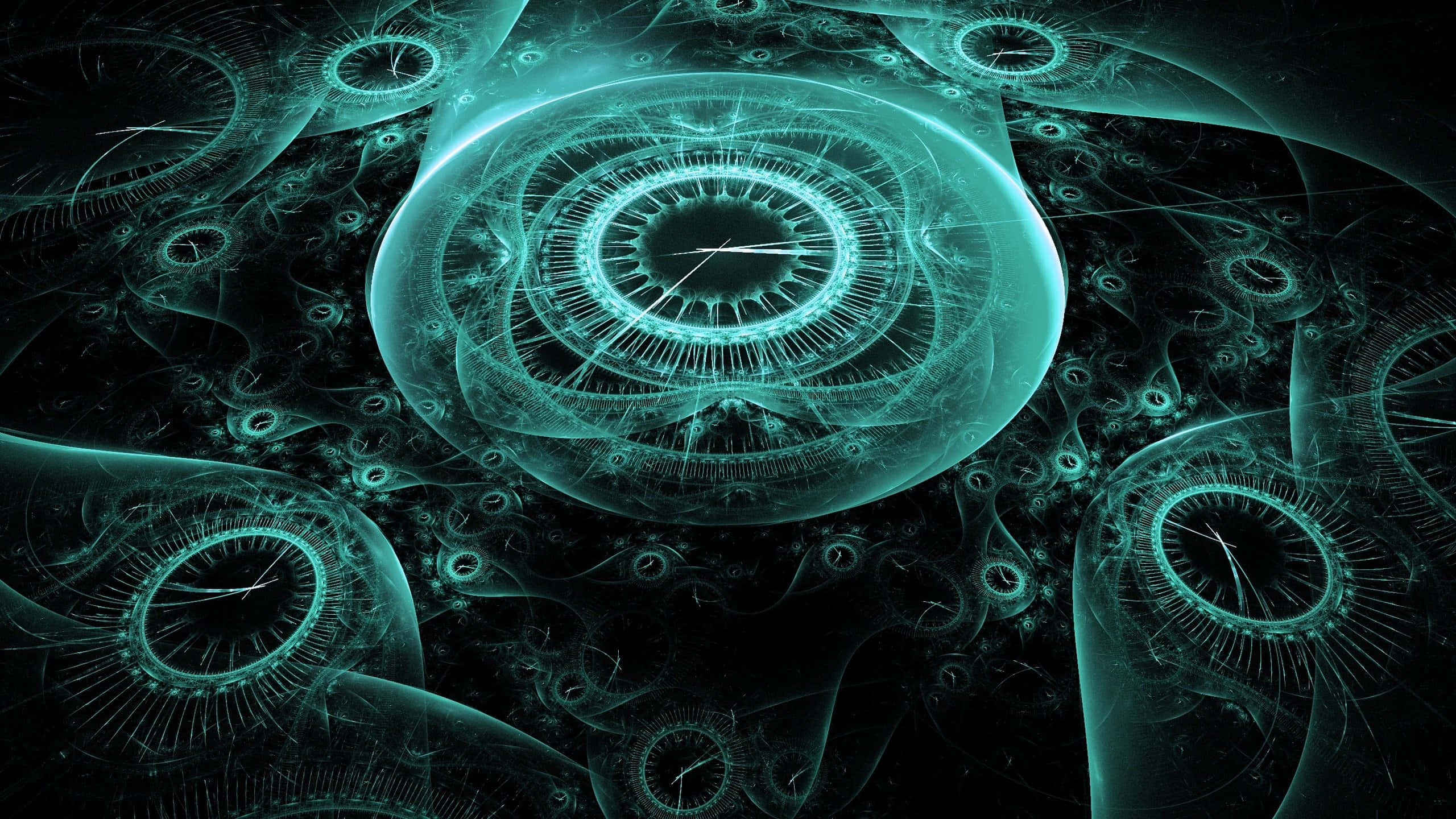 Time 桌布 壁紙 — 一個發光的青綠色碎形時鐘在黑暗虛空中漂浮，周圍環繞著旋轉的數位圖案。