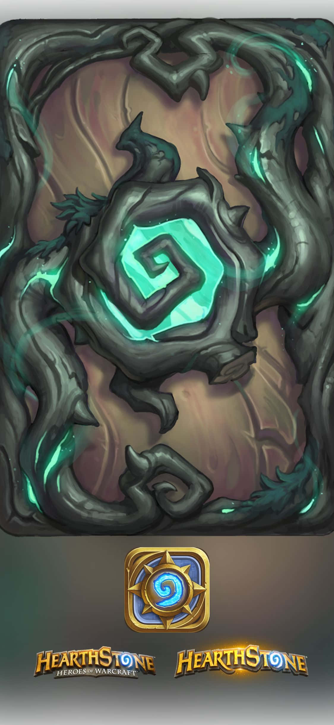 電玩遊戲 桌布 壁紙 — 一個發光的青綠色螺旋徽章，由深色扭曲的樹根環繞，置於有紋理的棕色背景上。