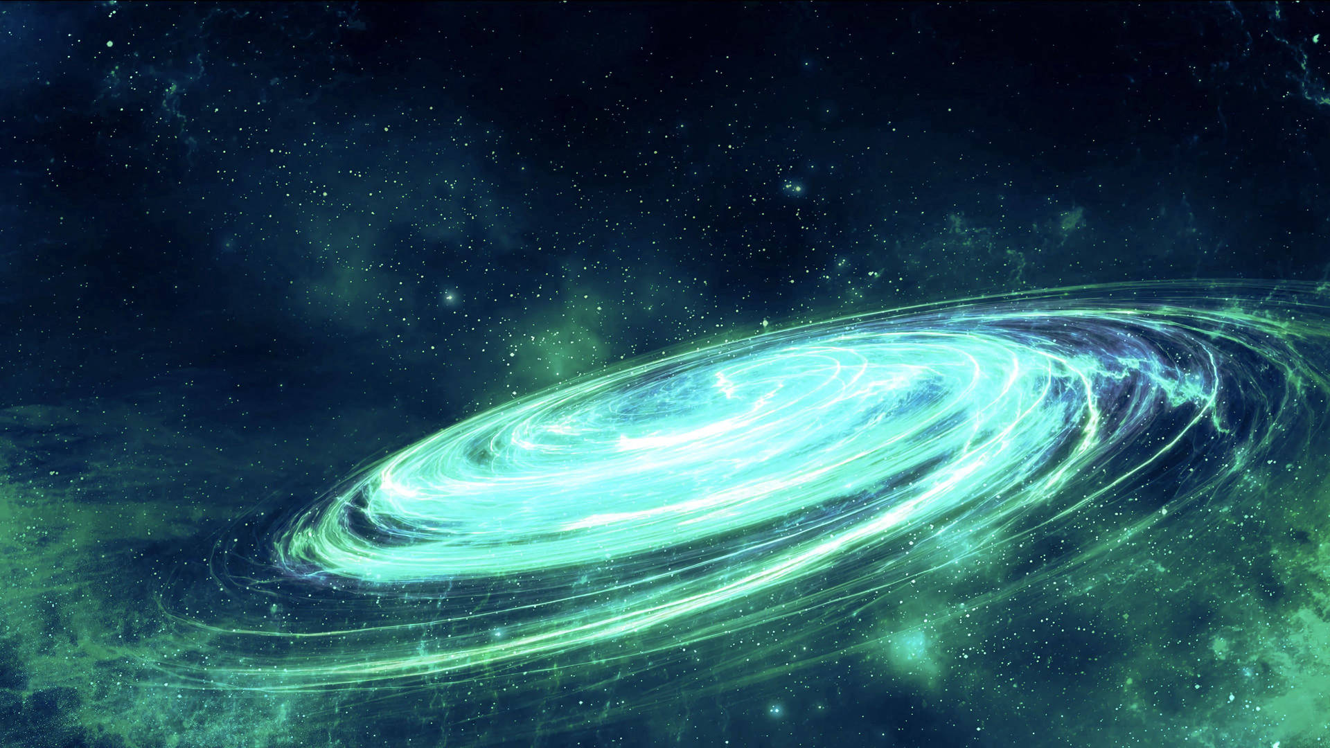 一個發光的青綠色螺旋星系在佈滿星空的宇宙虛空中，帶有星雲。 — 星雲 GIF 壁紙