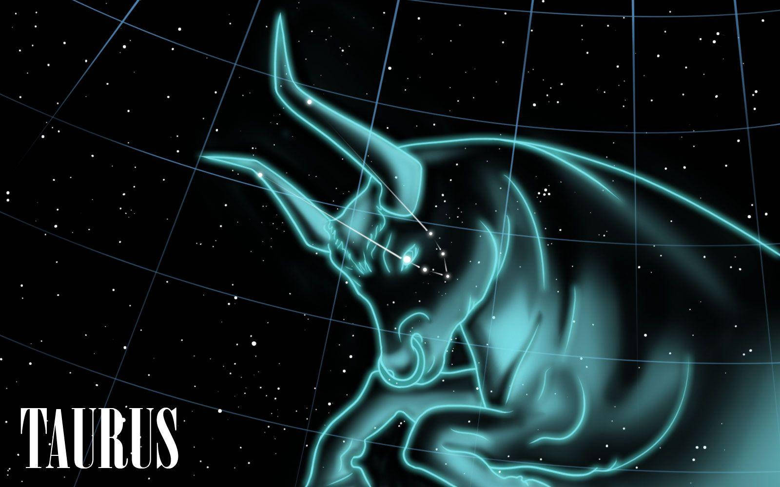 zodiac 桌布 壁紙 — 一個發光的青綠色金牛座星座，由星星和網格線勾勒，背景為黑色宇宙，帶有 'TAURUS' 文字。
