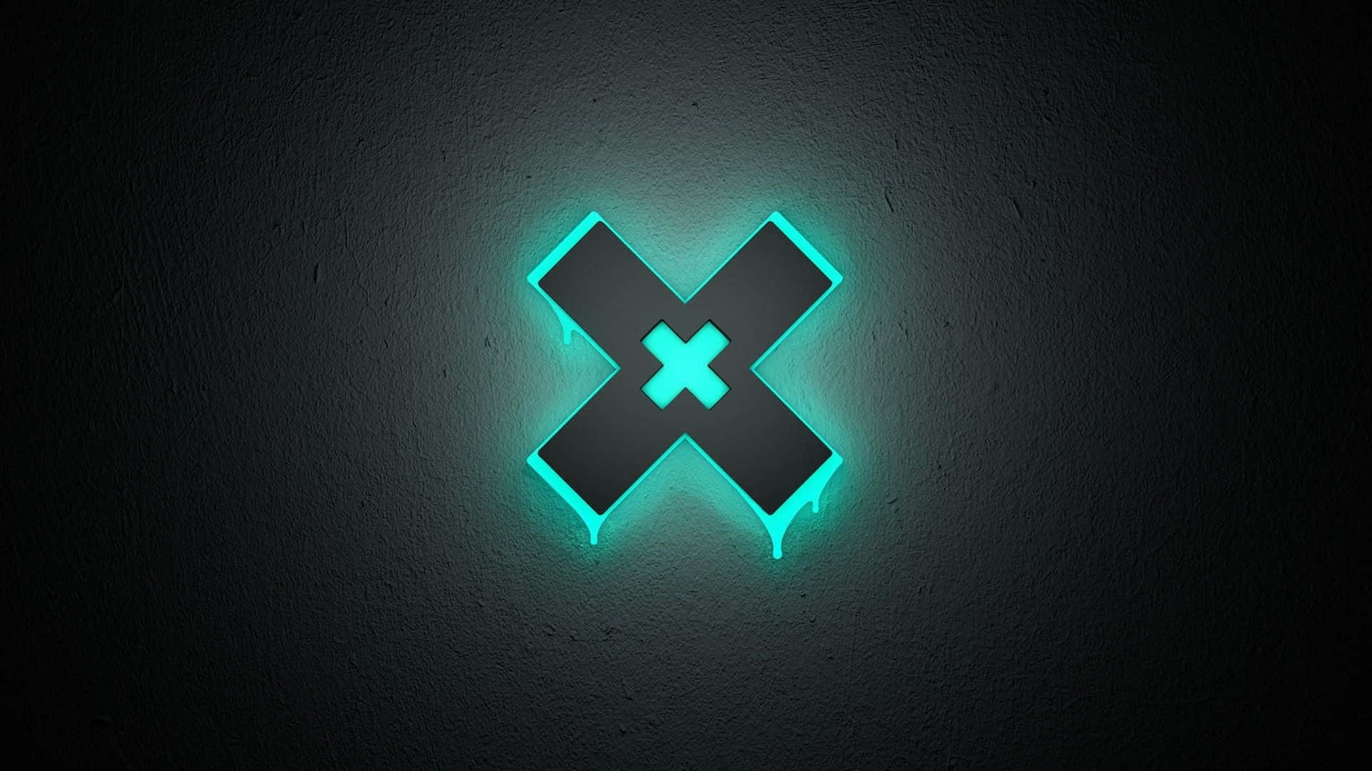Dark Neon 桌布 壁紙 — 一個發光的青綠色霓虹十字架符號在深色紋理牆上滴落，投射出柔和的環境光。