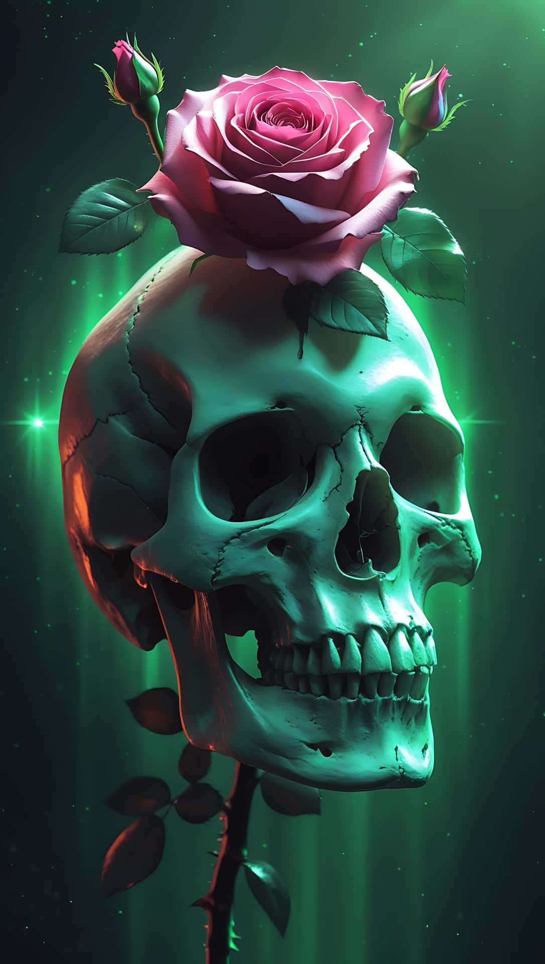 Gothic Skull and Rose Under a Celestial Glow. smartphone wallpaper 壁紙 — 一個發光的青綠色頭骨，冠以鮮豔的粉紅玫瑰和花蕾，背景是光芒四射的綠色宇宙。