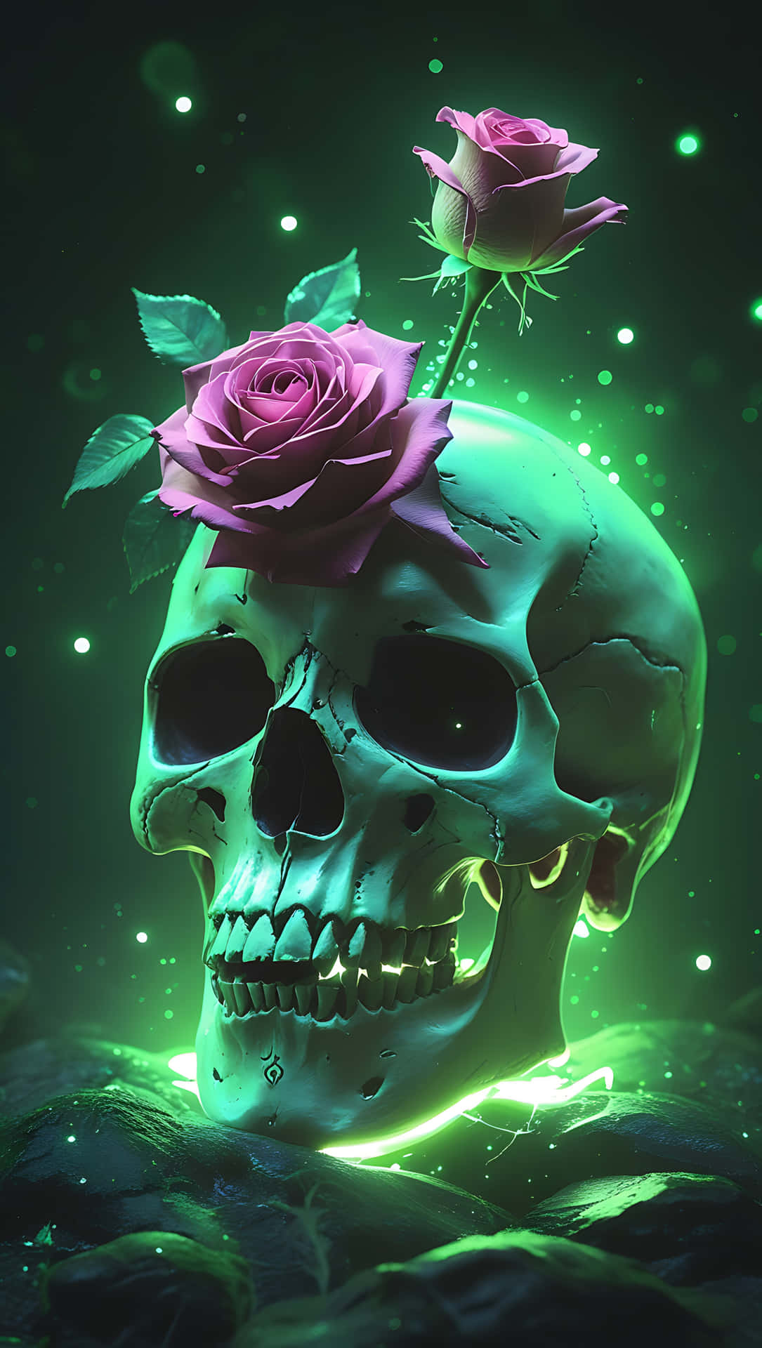 Gothic Skull and Rose Under a Celestial Glow. smartphone wallpaper 壁紙 — 一個發光的青綠色頭骨，飾有兩朵鮮豔的紫色玫瑰，背景是深綠色散景。