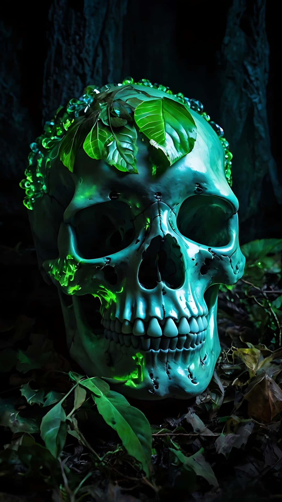 Spectral Skull Illuminated by Phantom Light. skull wallpaper 壁紙 — 一個發光的青綠色頭骨，飾有鮮綠色的葉子，在陰森的綠光下躺在黑暗的森林樹葉中。