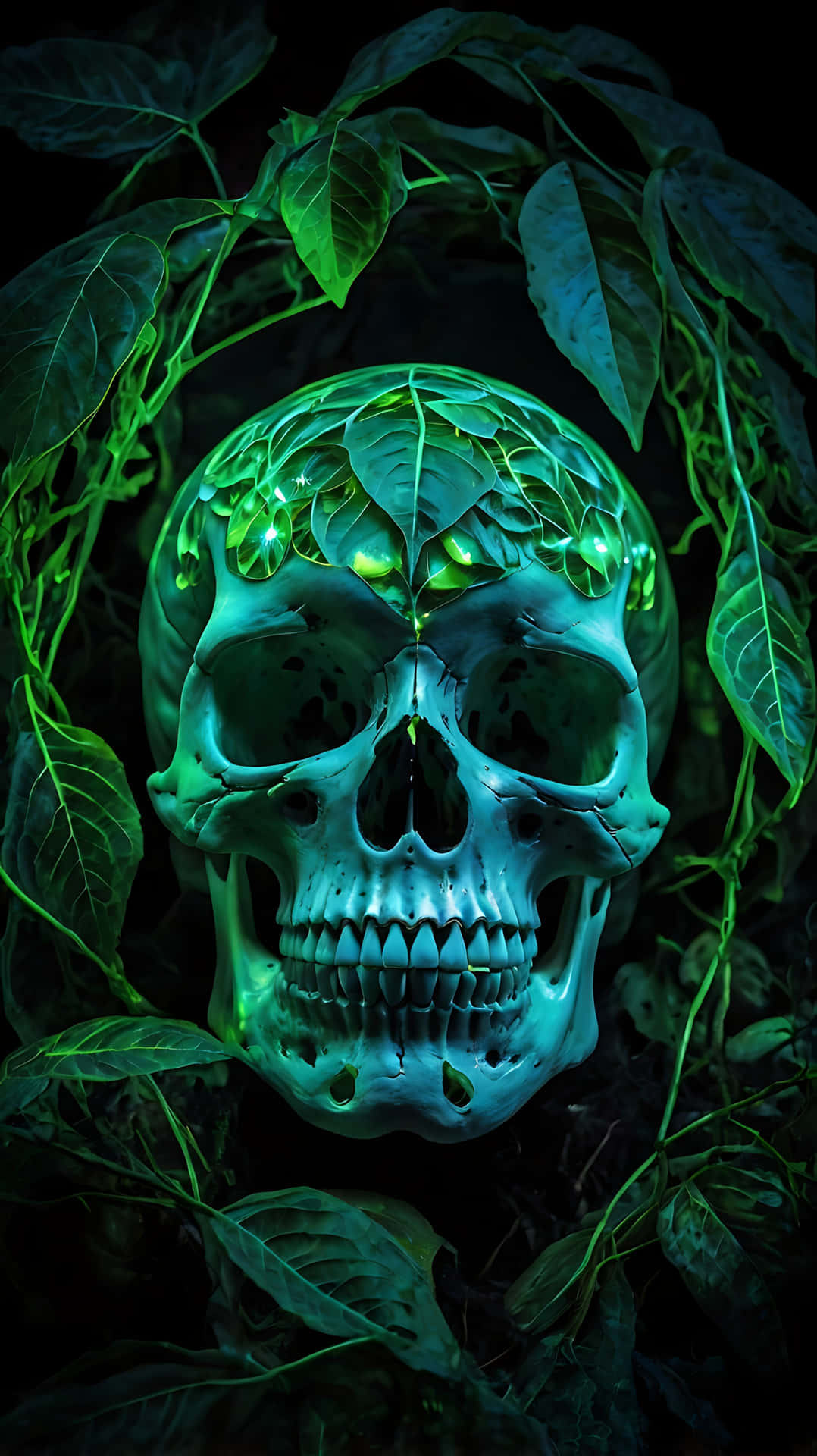 Spectral Skull Illuminated by Phantom Light. skull wallpaper 壁紙 — 一個發光的青綠色頭骨，飾有鮮豔的綠色葉子和藤蔓，從黑暗中浮現，構成超現實、充滿自然氣息的畫面。