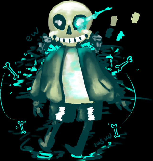 Undertale 桌布 壁紙 — 一個發光的青綠色骷髏角色，咧嘴大笑，骨頭漂浮在黑色背景上。