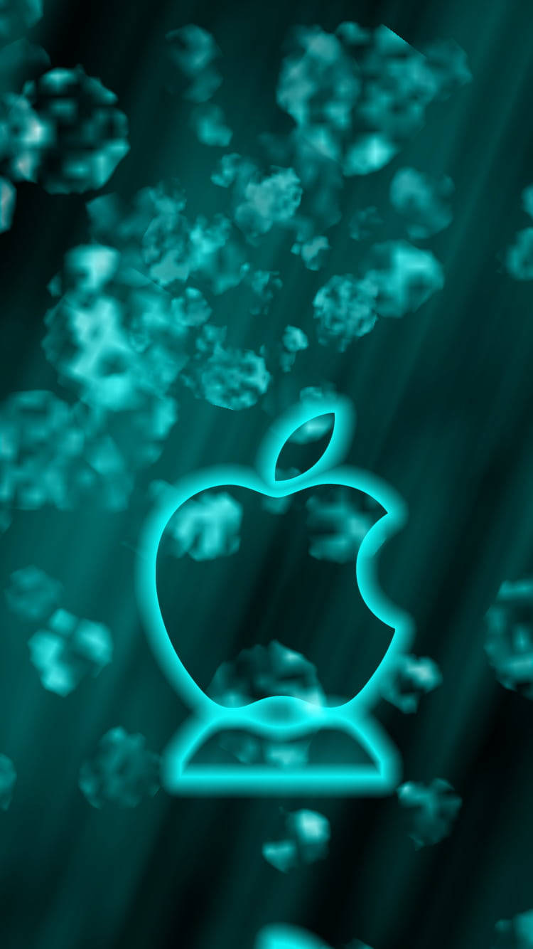 Cool iPhone 桌布 壁紙 — 一個發光的青色Apple標誌，以霓虹燈勾勒，在深藍綠色的水下場景中，漂浮在旋轉的抽象粒子之間。