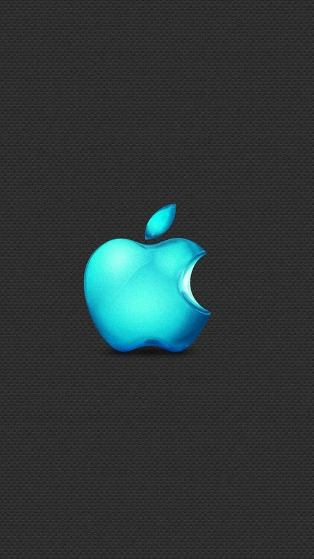 藍色 桌布 壁紙 — 一個發光的青色Apple標誌，帶有咬痕，位於深色紋理背景中央。