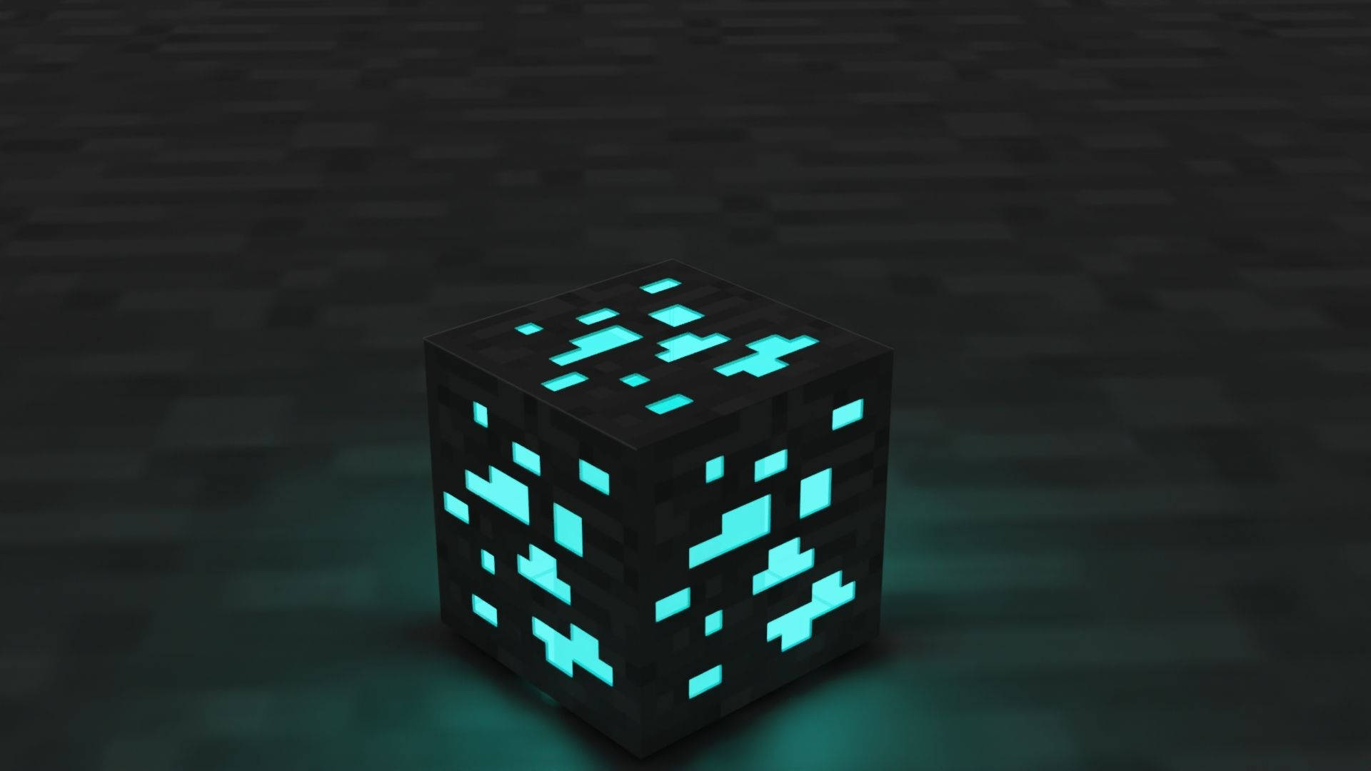 我的世界 鑽石 桌布 壁紙 — 一個發光的青色像素方塊（Minecraft）放在深色磁磚地板上，投射出柔和的青綠色光芒。
