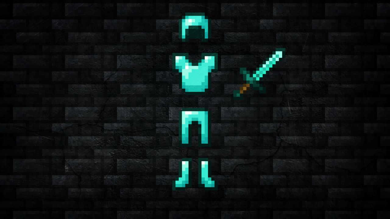 Minecraft Armor 桌布 壁紙 — 一個發光的青色像素風格Minecraft戰士站在黑暗裂縫磚牆前手持劍。