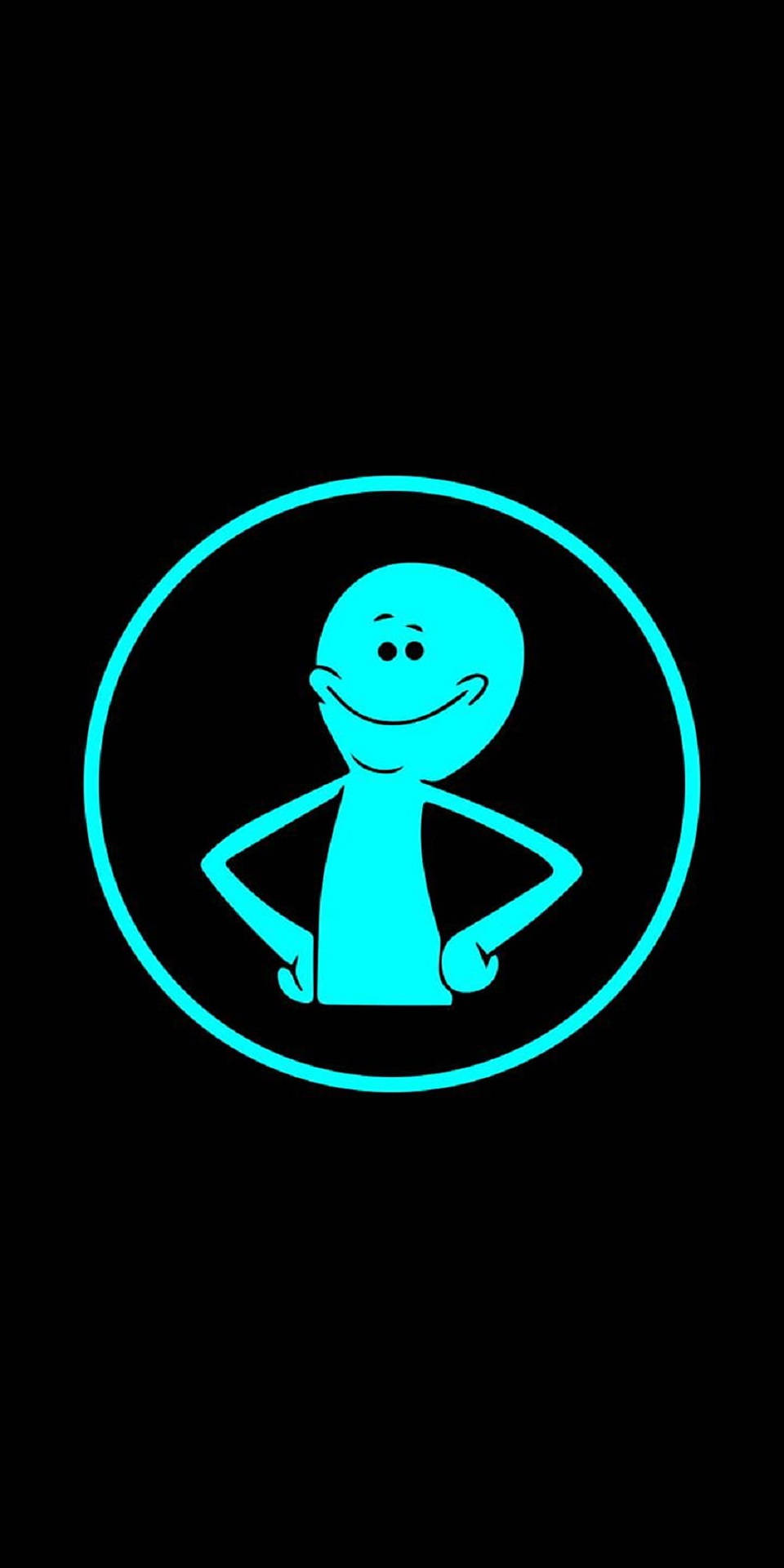 Meeseeks 桌布 壁紙 — 一個發光的青色卡通人物帶著自信的笑容，站在一個匹配的圓圈內，背景為黑色。